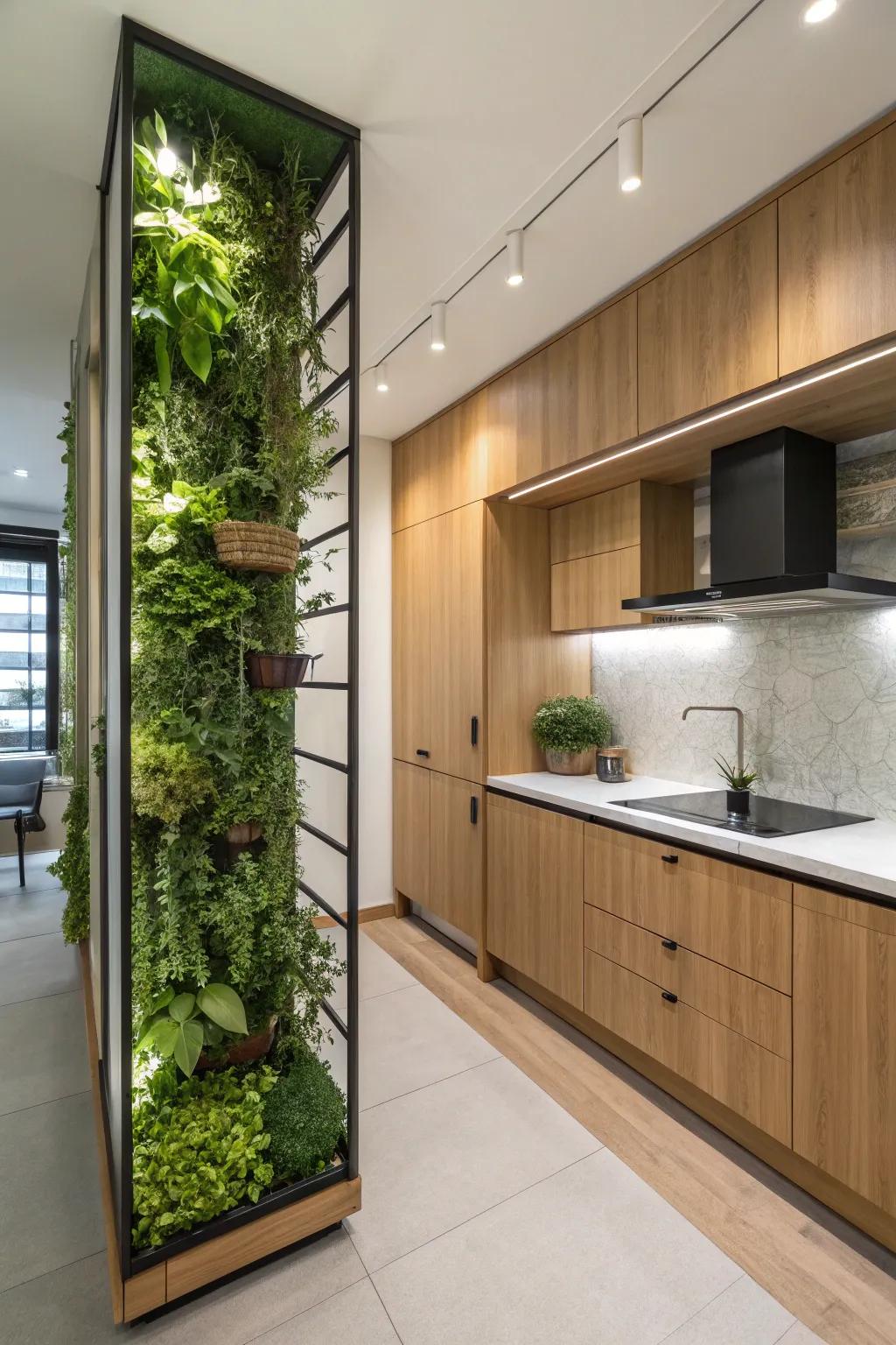 A vertical garden brings life and freshness to the kitchen.