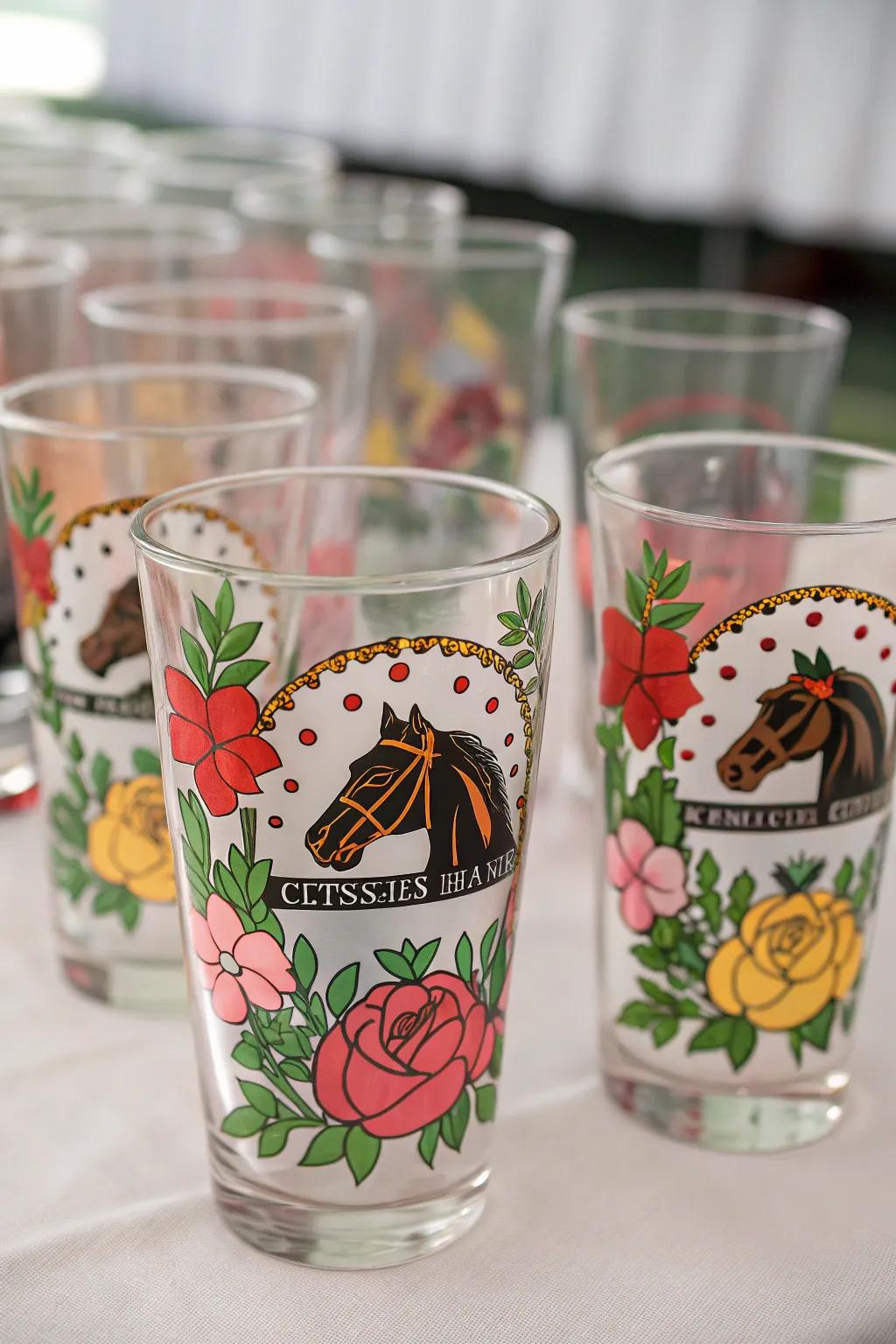 Elegant commemorative glasses make perfect Derby party favors.