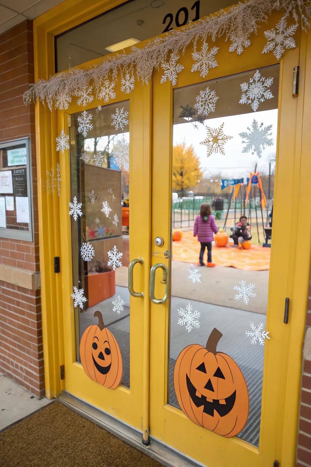 A kindergarten door with seasonal decorations like pumpkins and snowflakes.