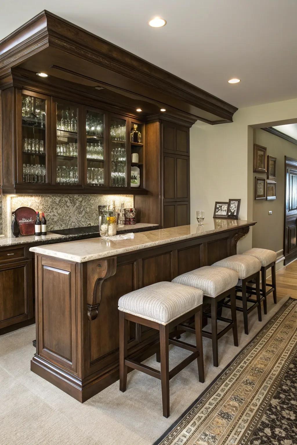 Built-in seating makes this bar cabinet a social centerpiece.