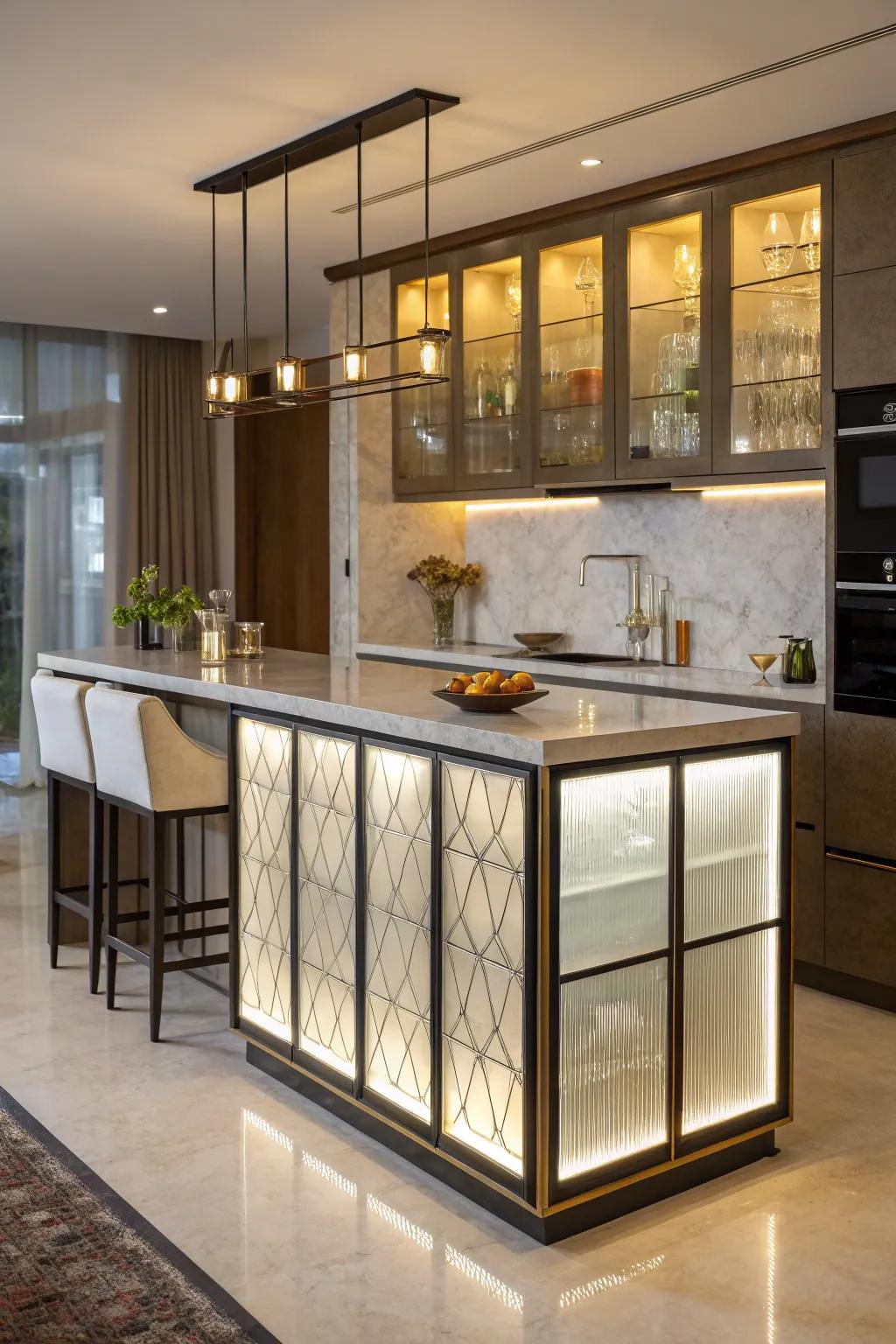 Glass panels create a light-filled atmosphere, enhancing the natural brightness of this kitchen island.