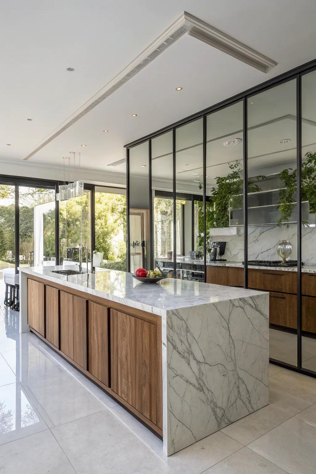 Mirrored panels enhance light and space in your kitchen.