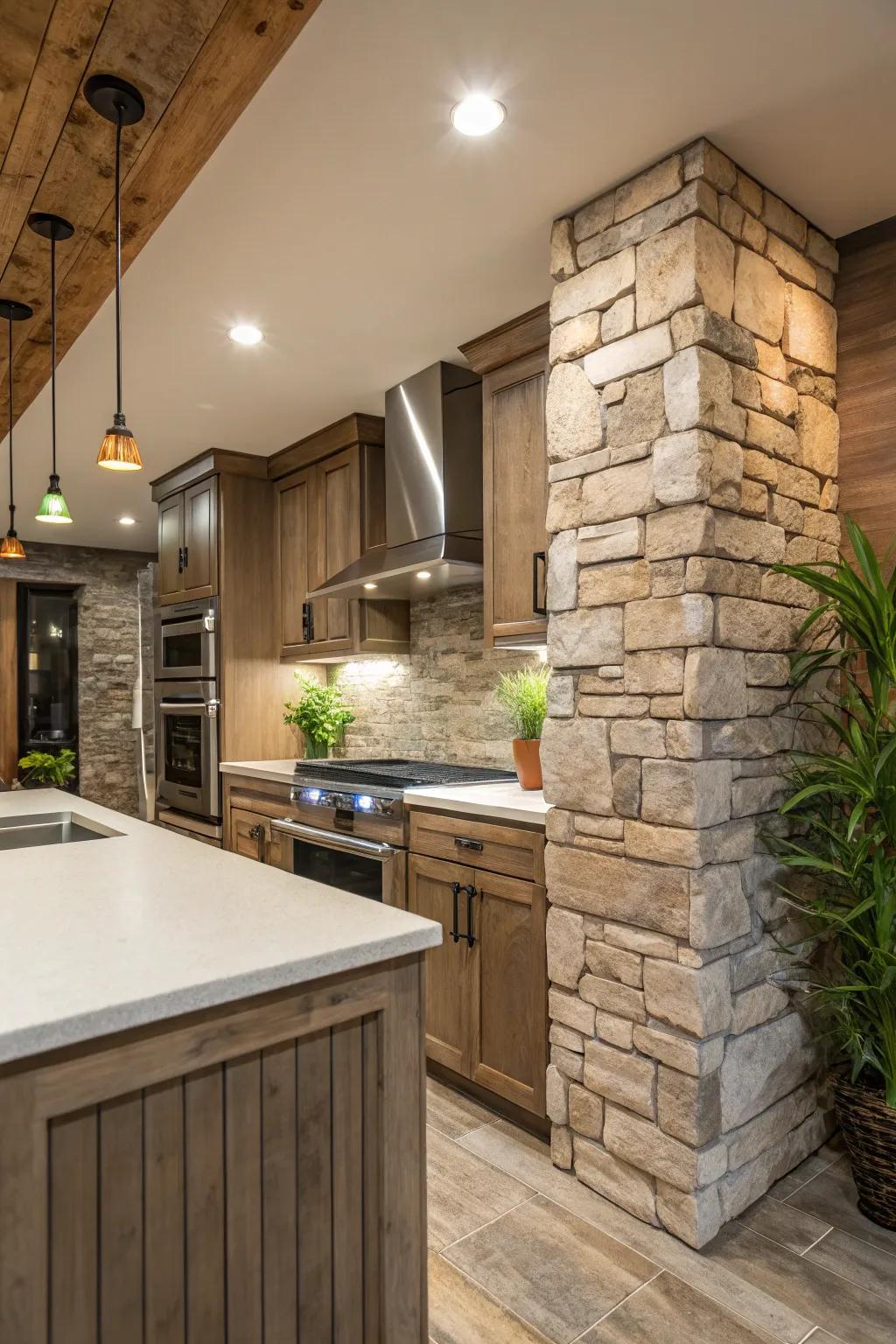 Faux stone paneling offers elegance without extra weight.