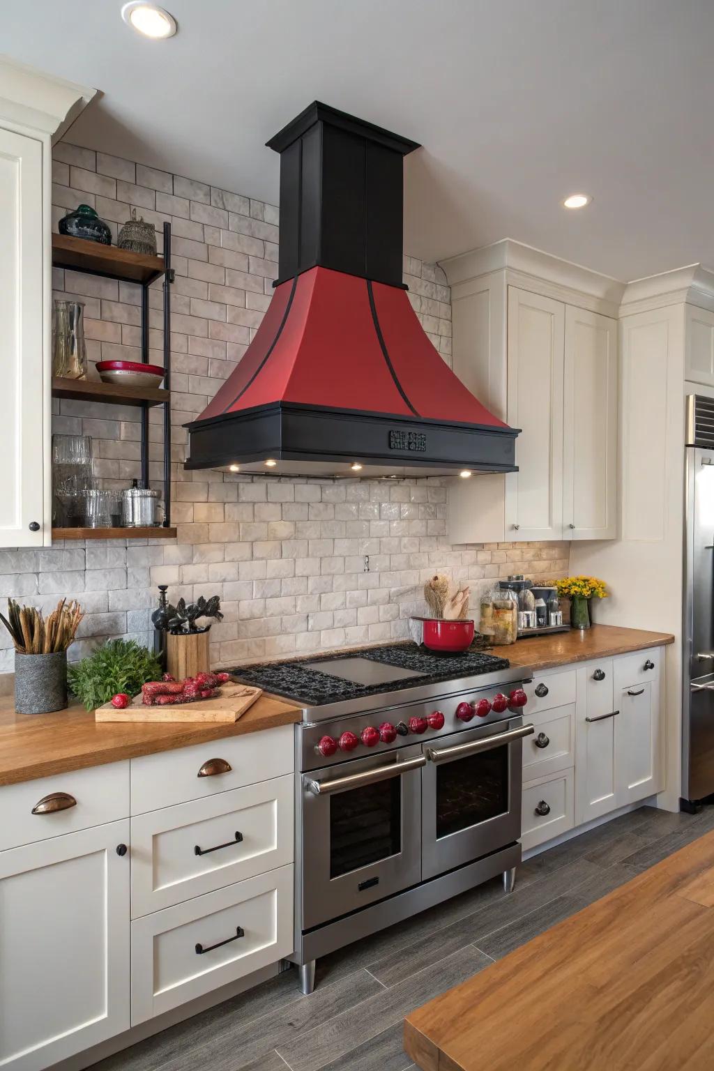 A kitchen featuring an elegant statement range hood as the focal point.