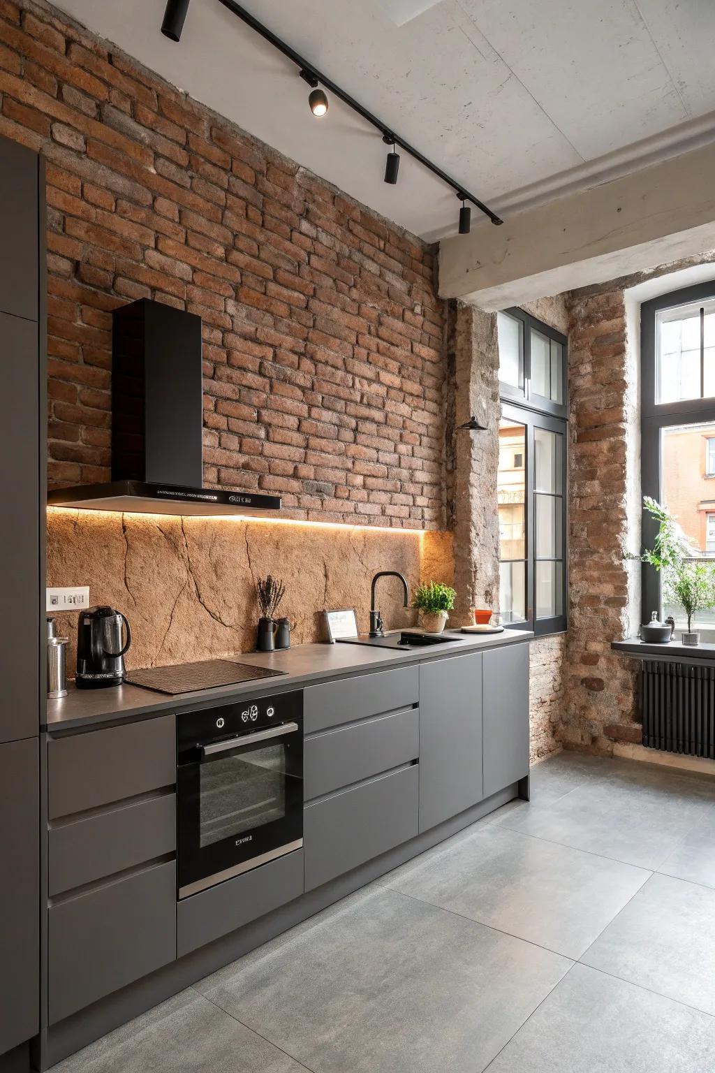 A modern kitchen with an exposed brick wall, adding texture and style.