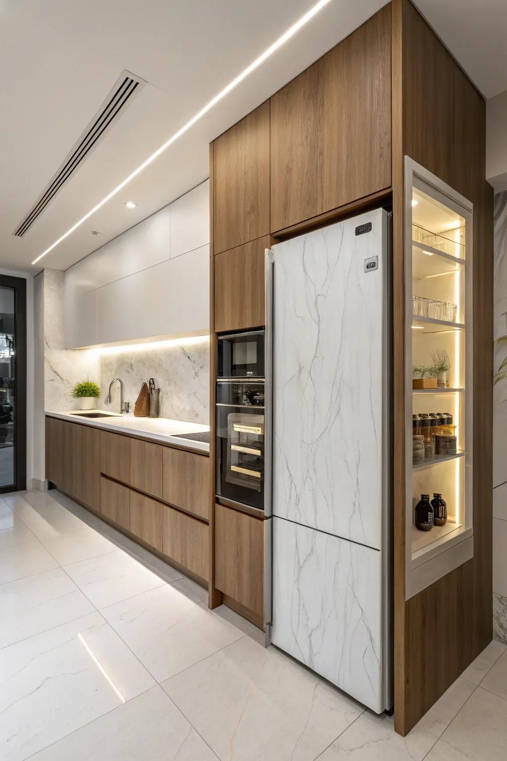 A fridge cleverly hidden within the wall, offering a streamlined and innovative kitchen design.