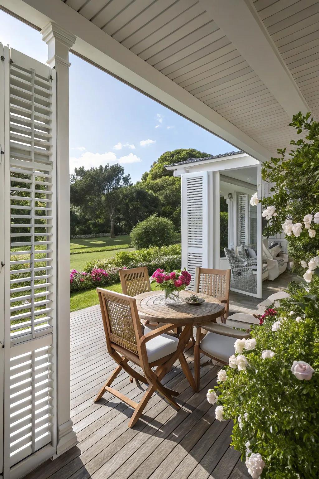 Venetian shutters add functional flair to this charming outdoor deck.