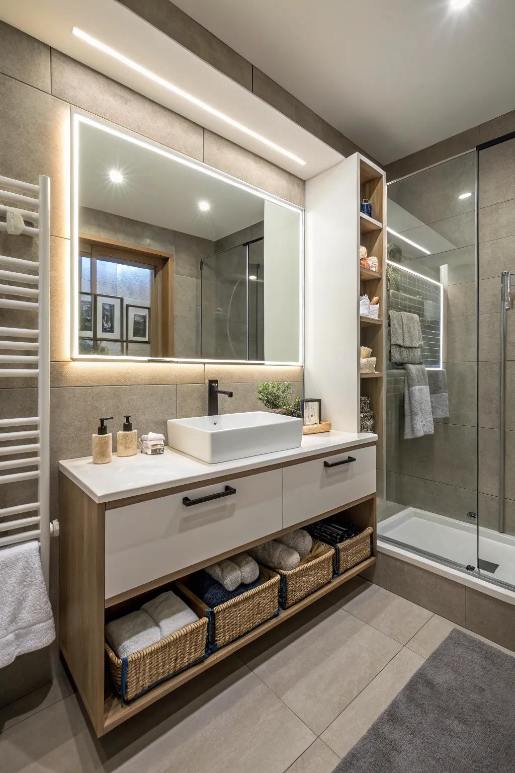 A functional bathroom design with an LED mirror featuring built-in storage.