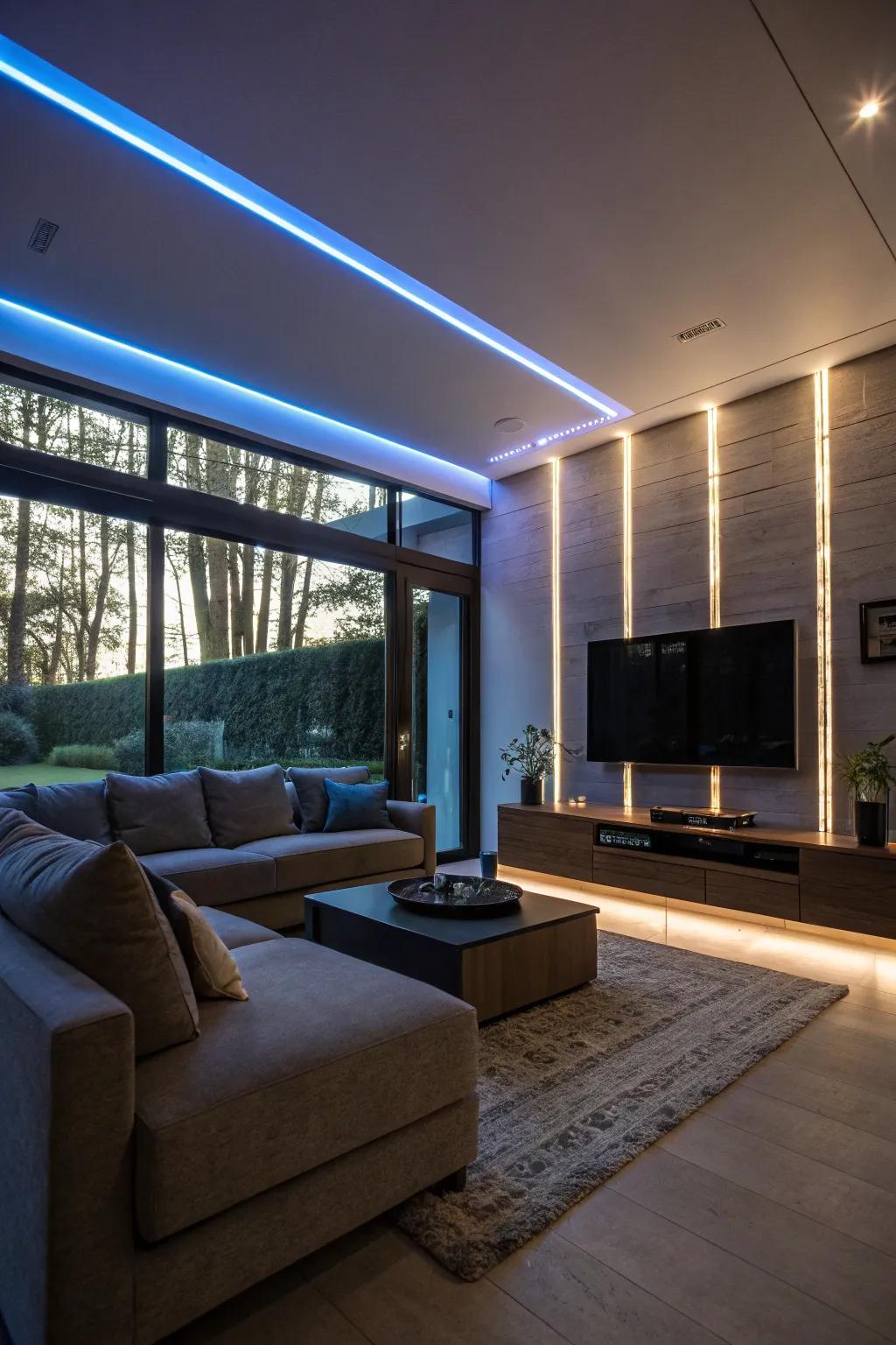 Bold design with floor-to-ceiling LED light strips.