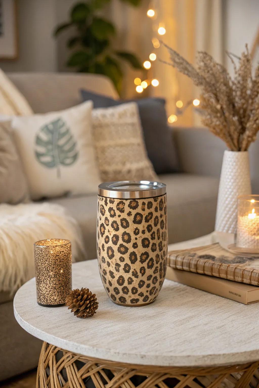 An earthy-toned leopard print tumbler that complements neutral home decor.