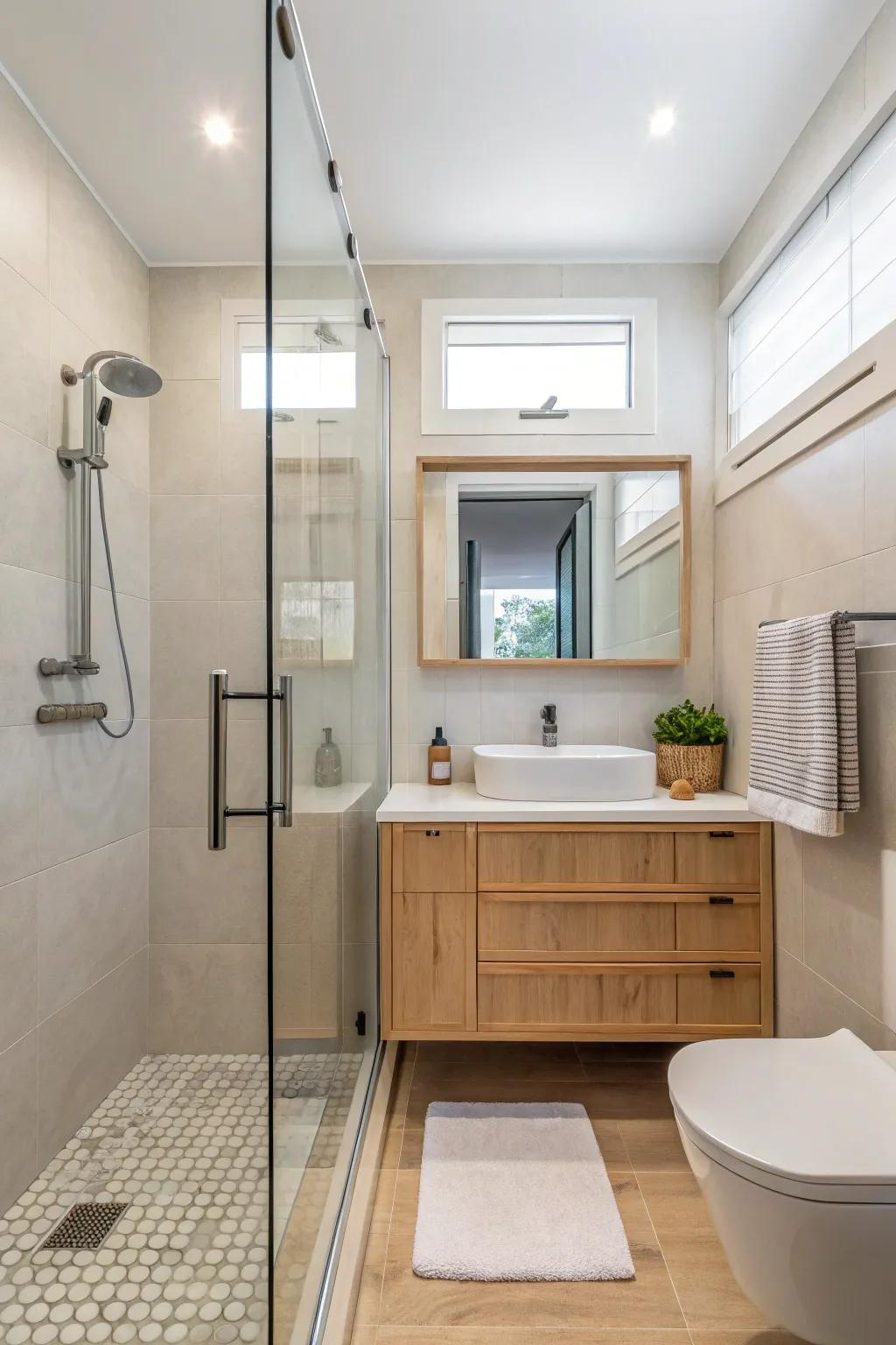 Frameless shower screen enhances openness in a small bathroom.