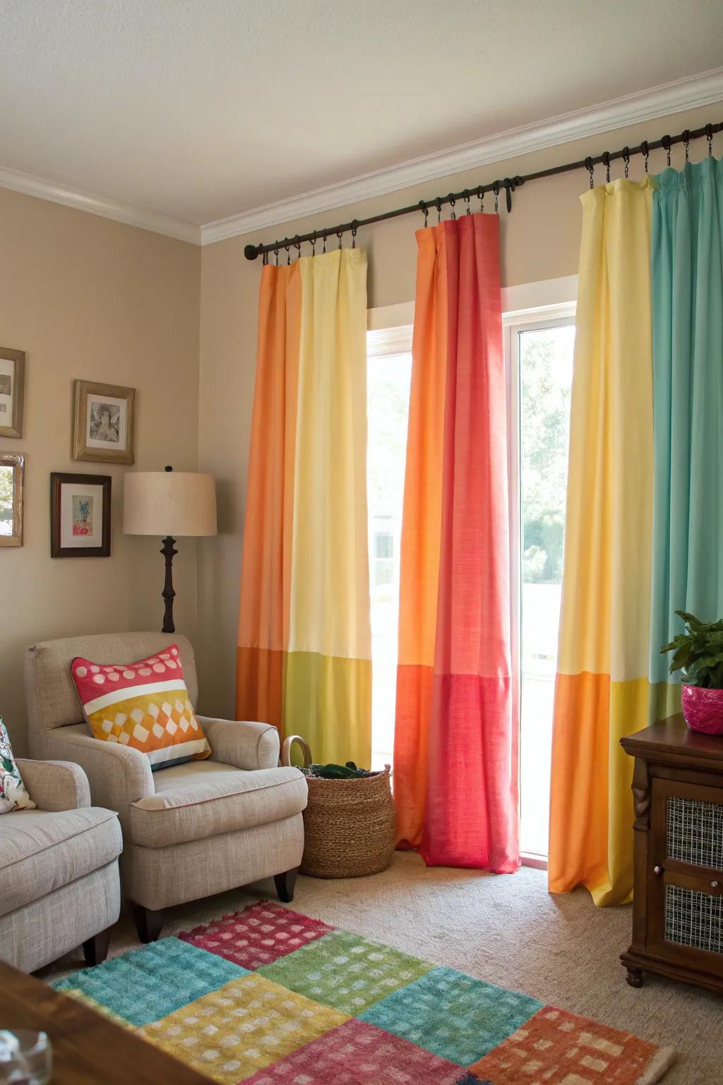 Bright curtains can add a vibrant pop of color to refresh your living room.