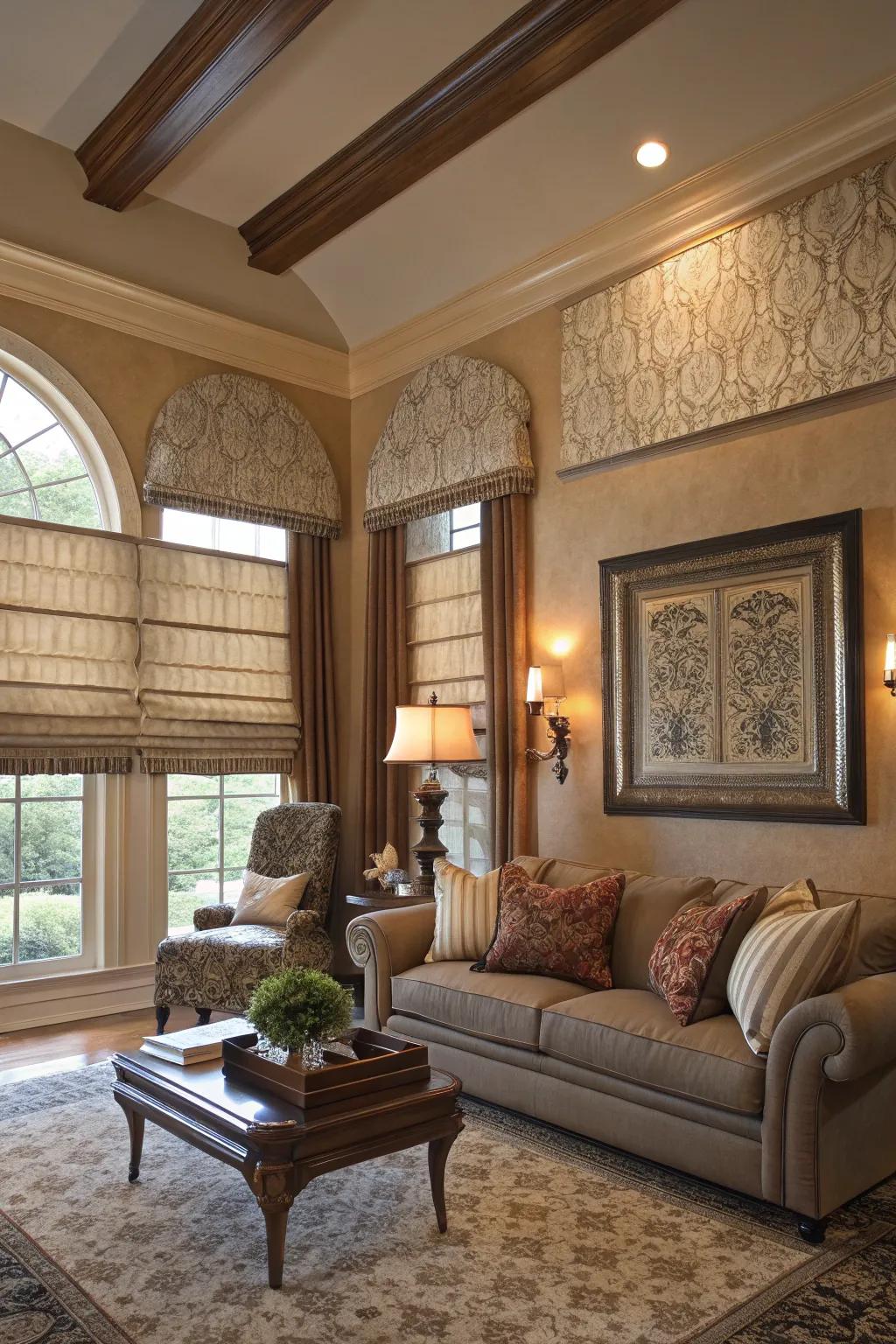 Roman shades adding texture and elegance to the living room.