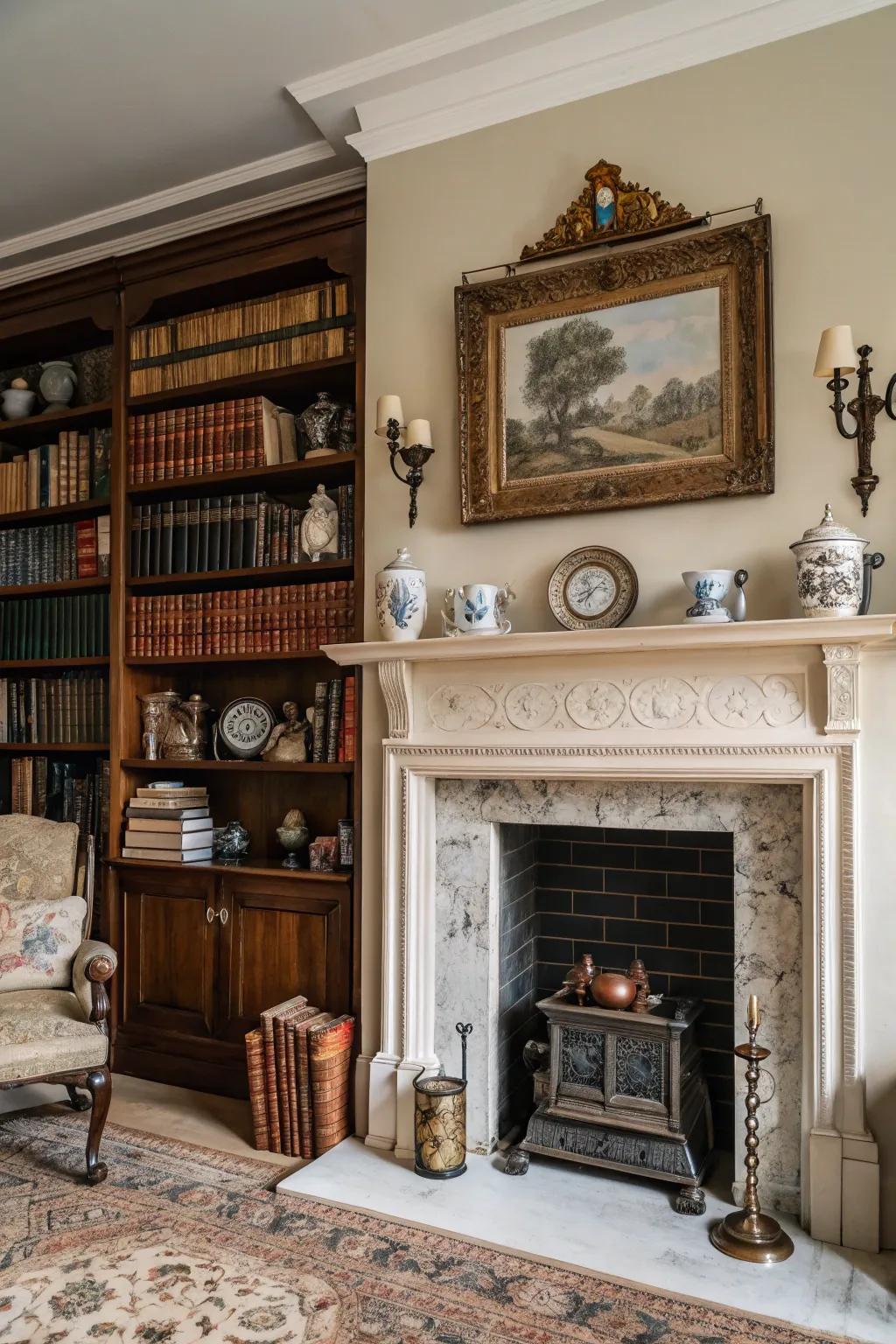 A living room fireplace adorned with antique decor and vintage treasures.