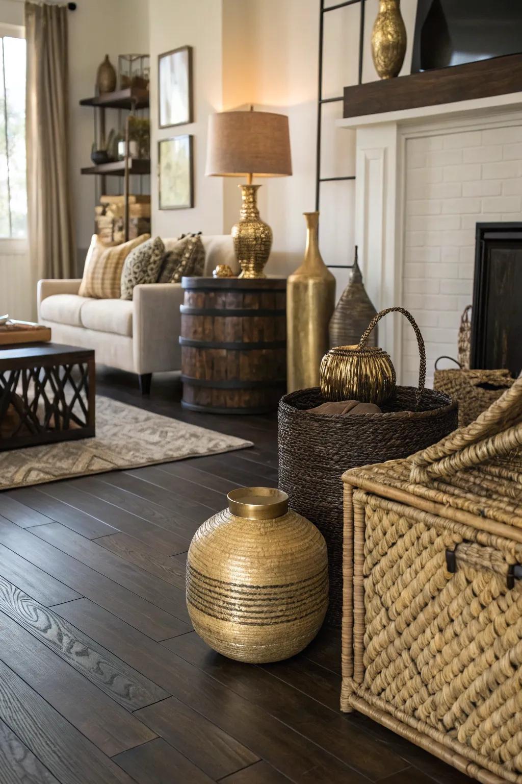 Textured accents add balance and interest to dark floors.