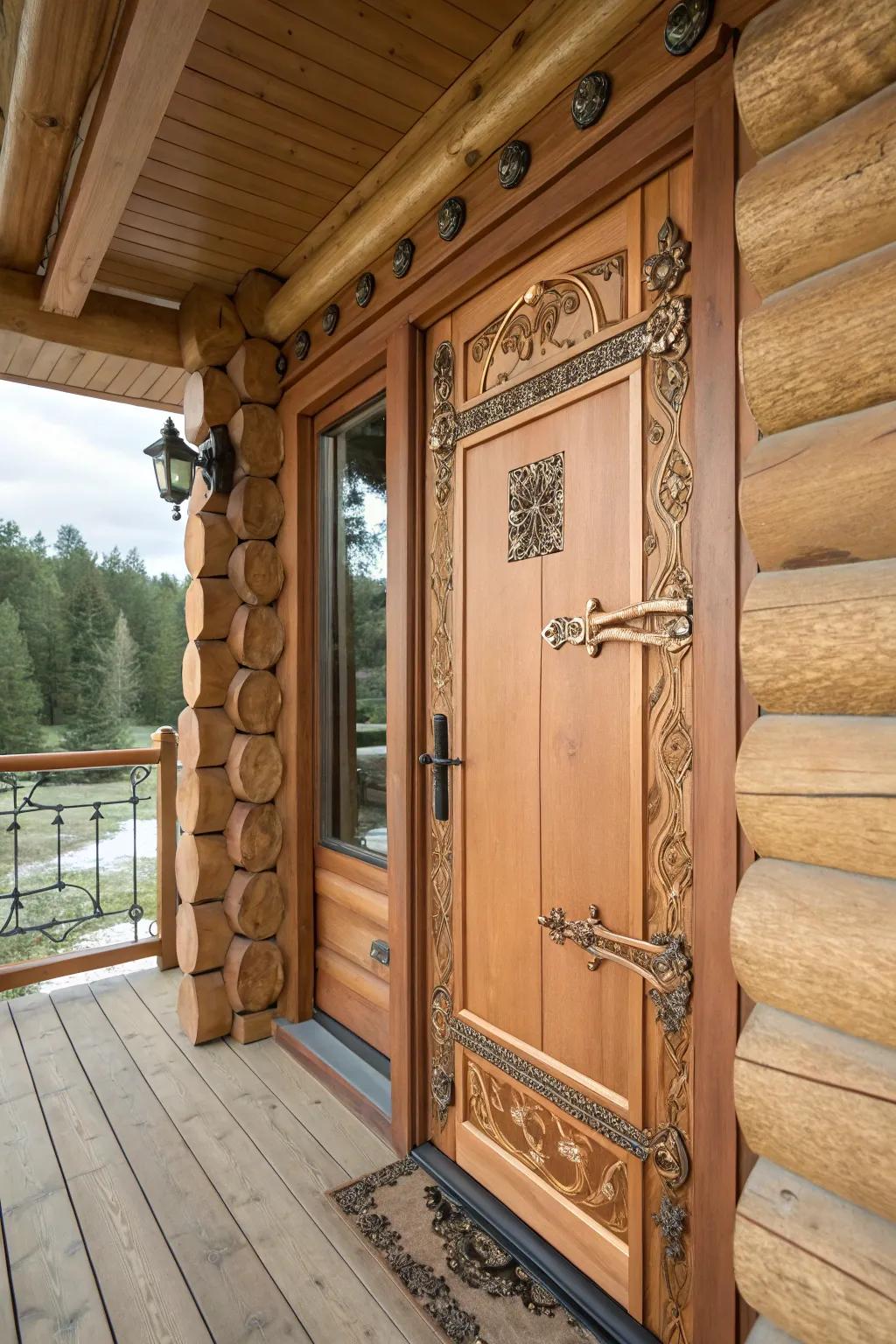 A log cabin door enhanced with copper accents.