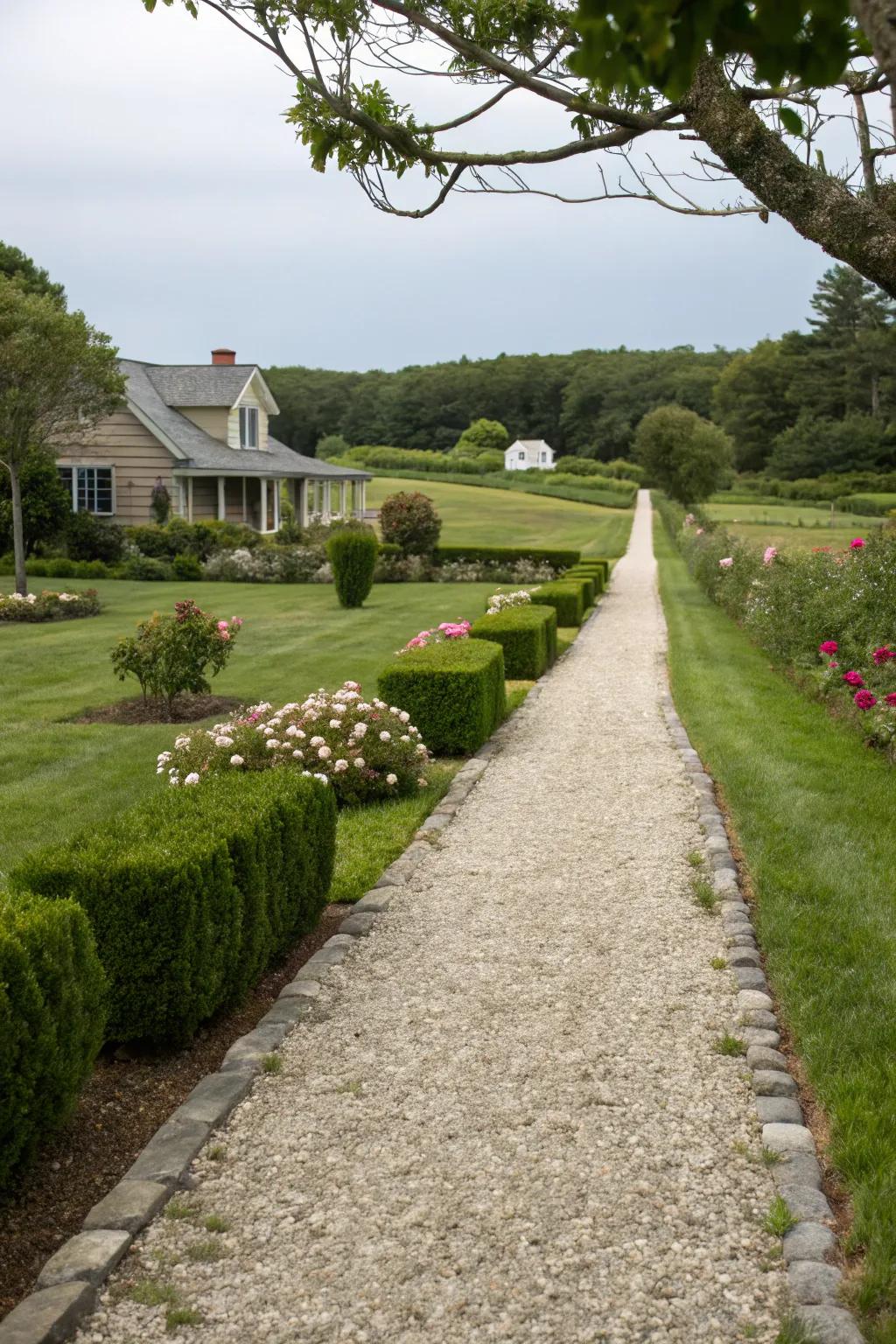 A gravel pathway providing easy access and rustic appeal.