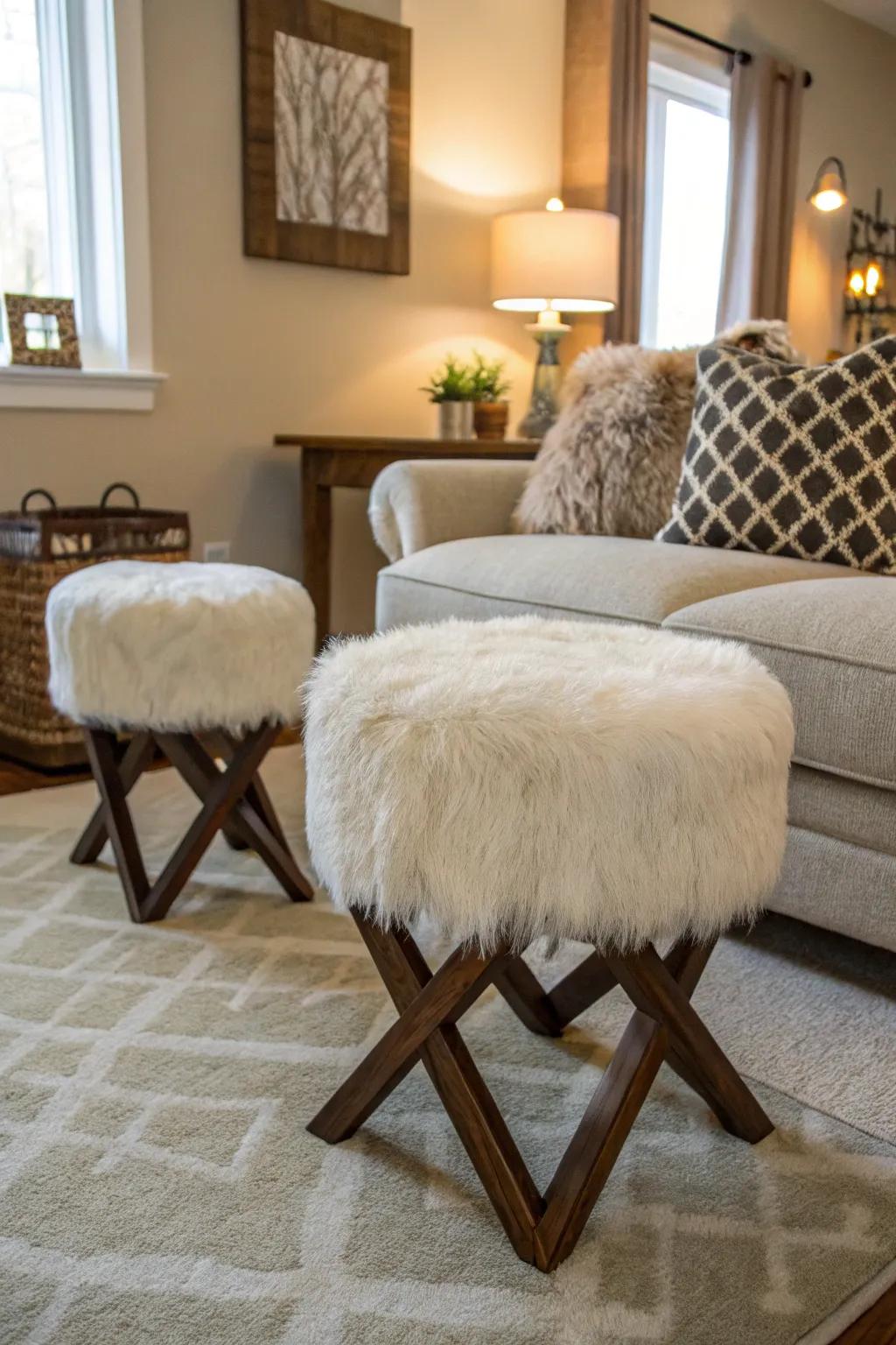 Faux fur stools add a playful and glamorous flair to this living room.