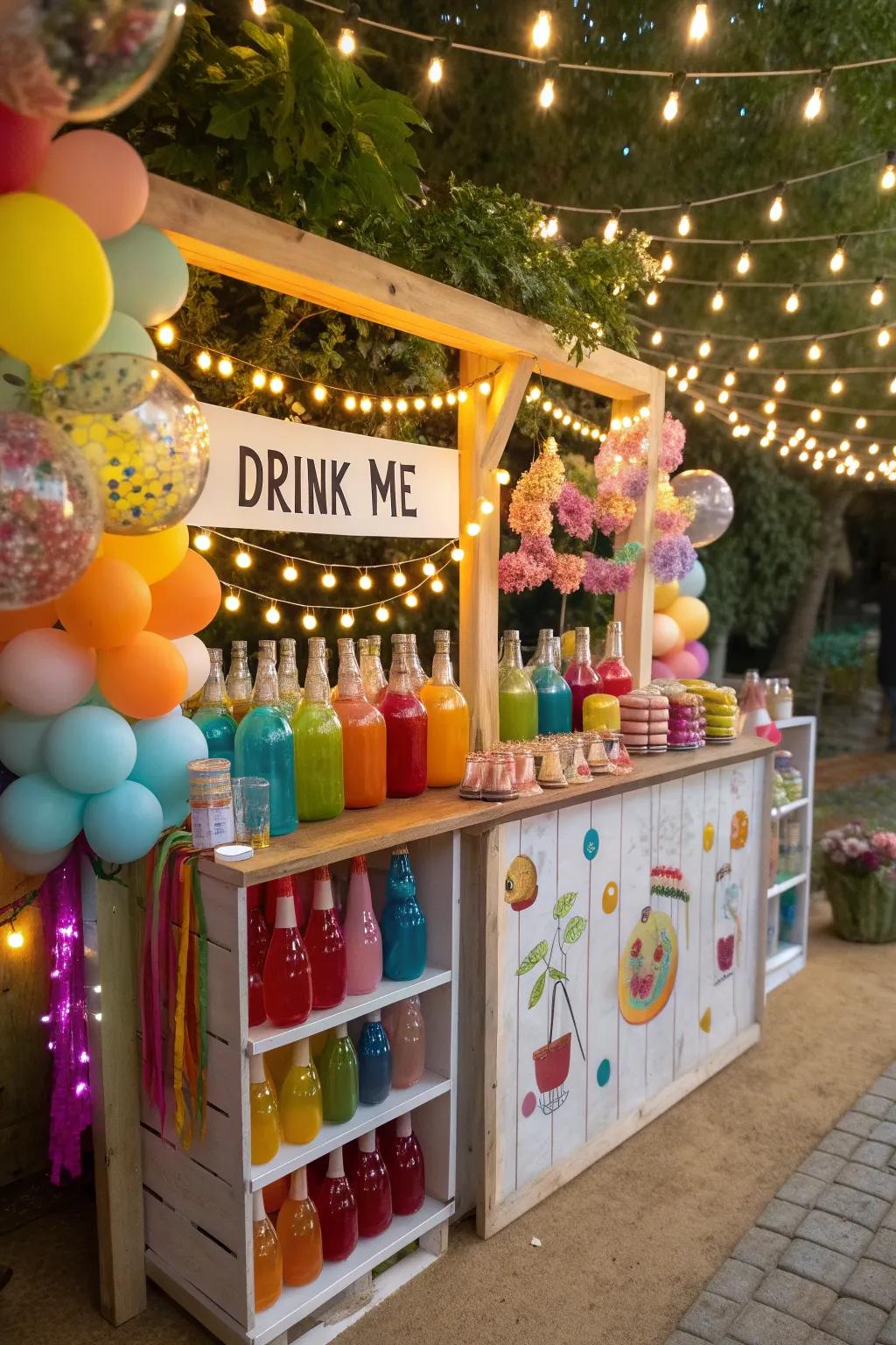 A 'Drink Me' station with colorful drinks adds a playful touch to the party.