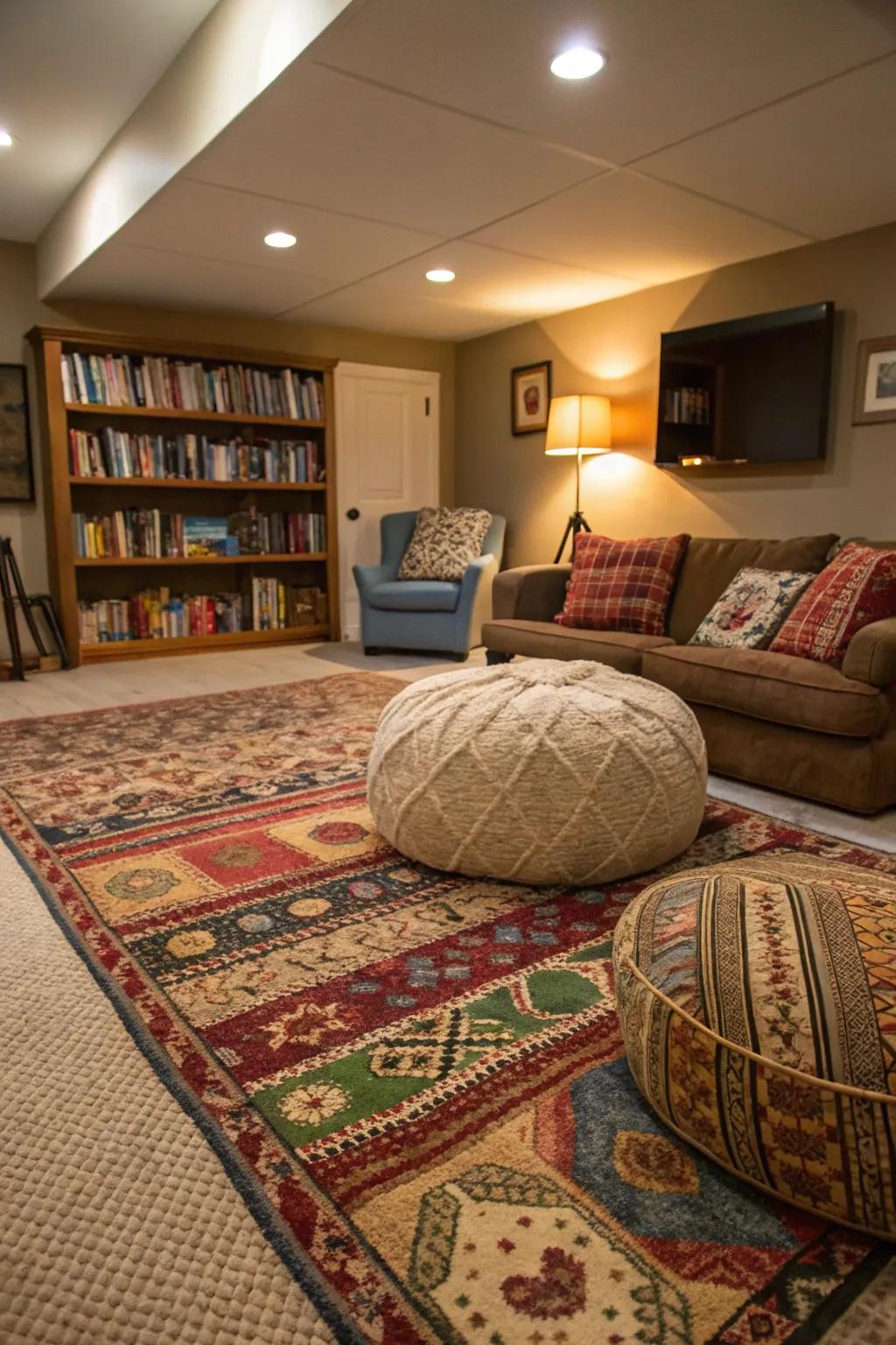 Area rugs define distinct zones in the den.