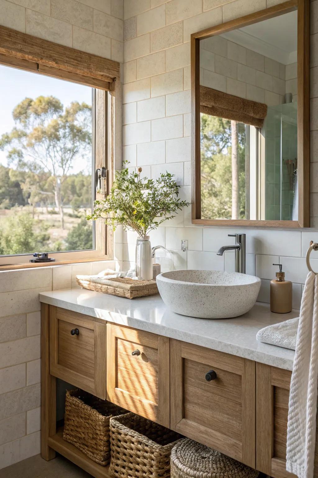 A bathroom vanity featuring eco-friendly finishes enhanced by natural light.