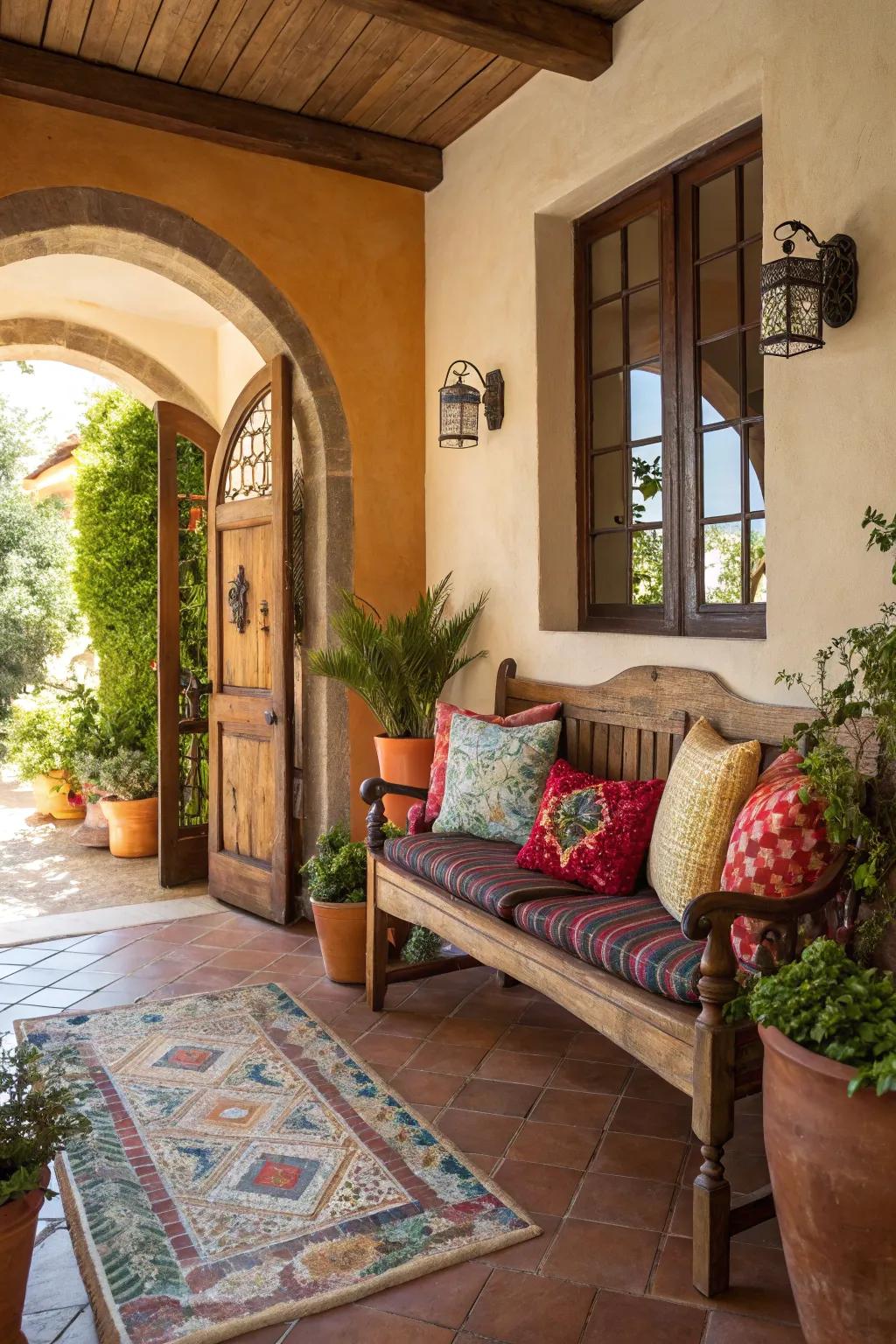 A rustic bench provides a welcoming seating area in a Mediterranean entryway.