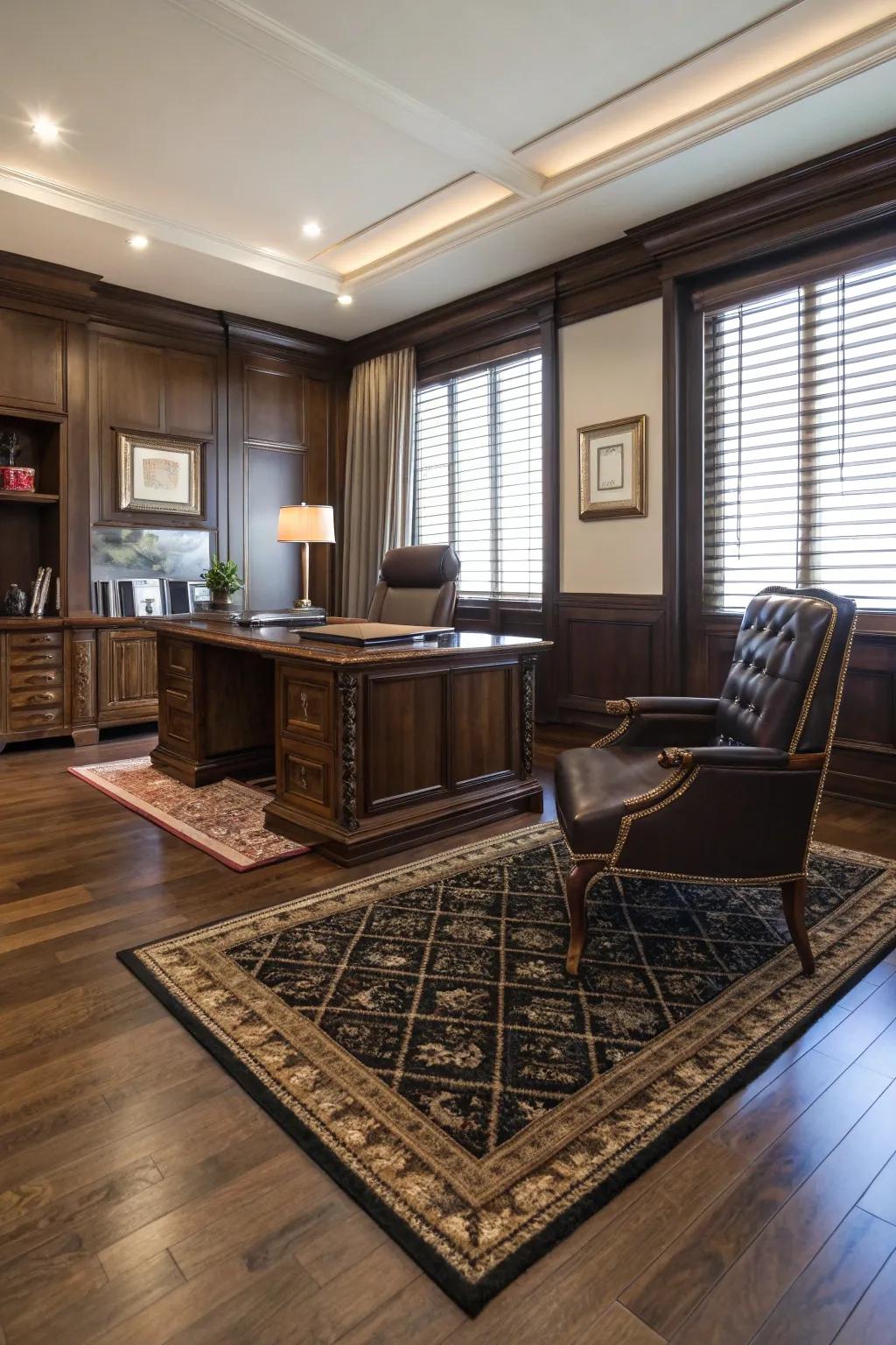 A high-quality rug adds comfort and sophistication to your office.