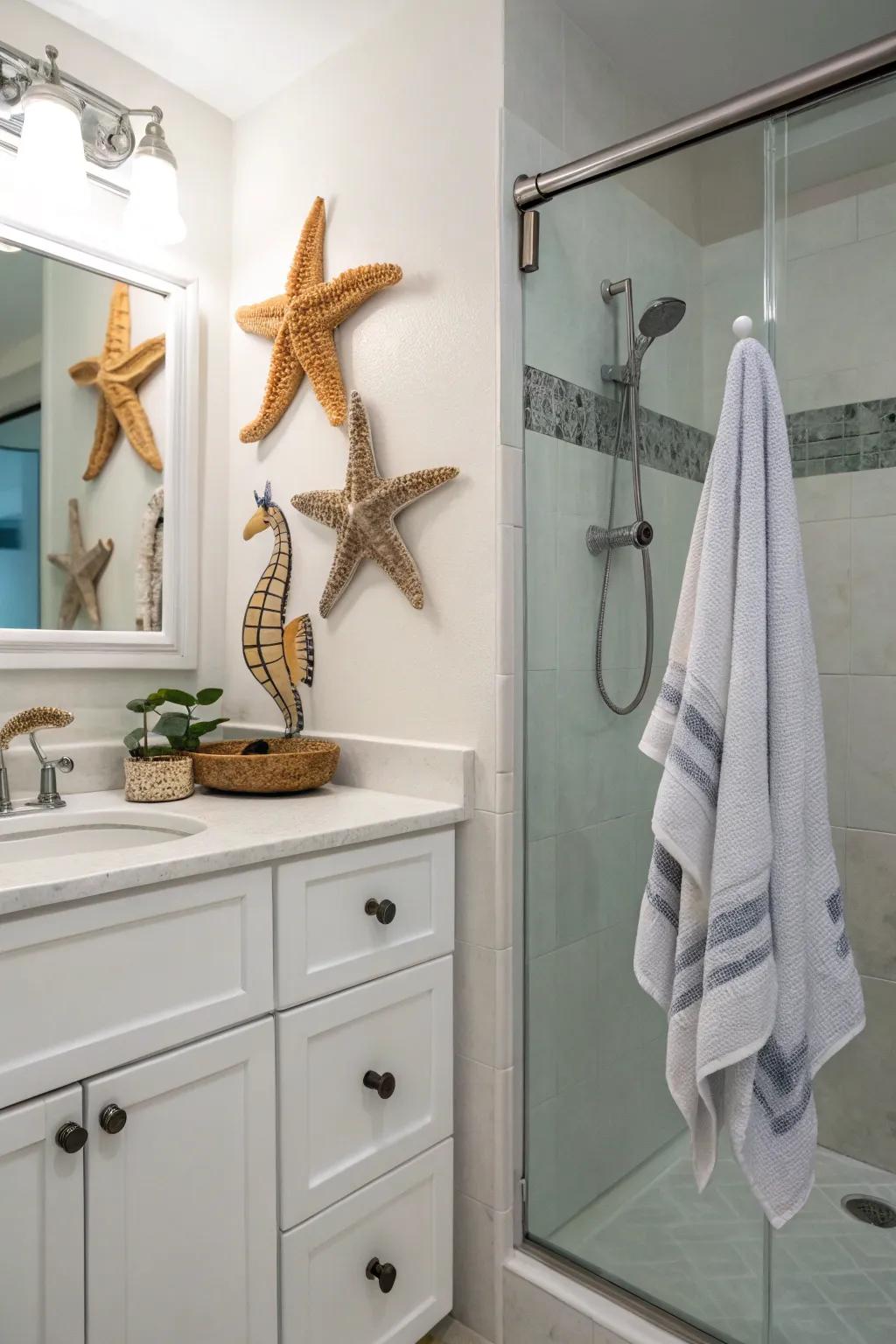 Whimsical towel hooks add a playful element to the decor.