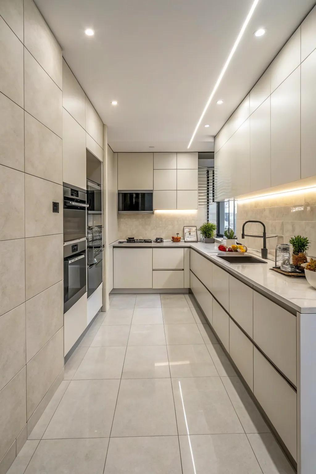 Large format tiles providing a seamless foundation in a minimalist kitchen.