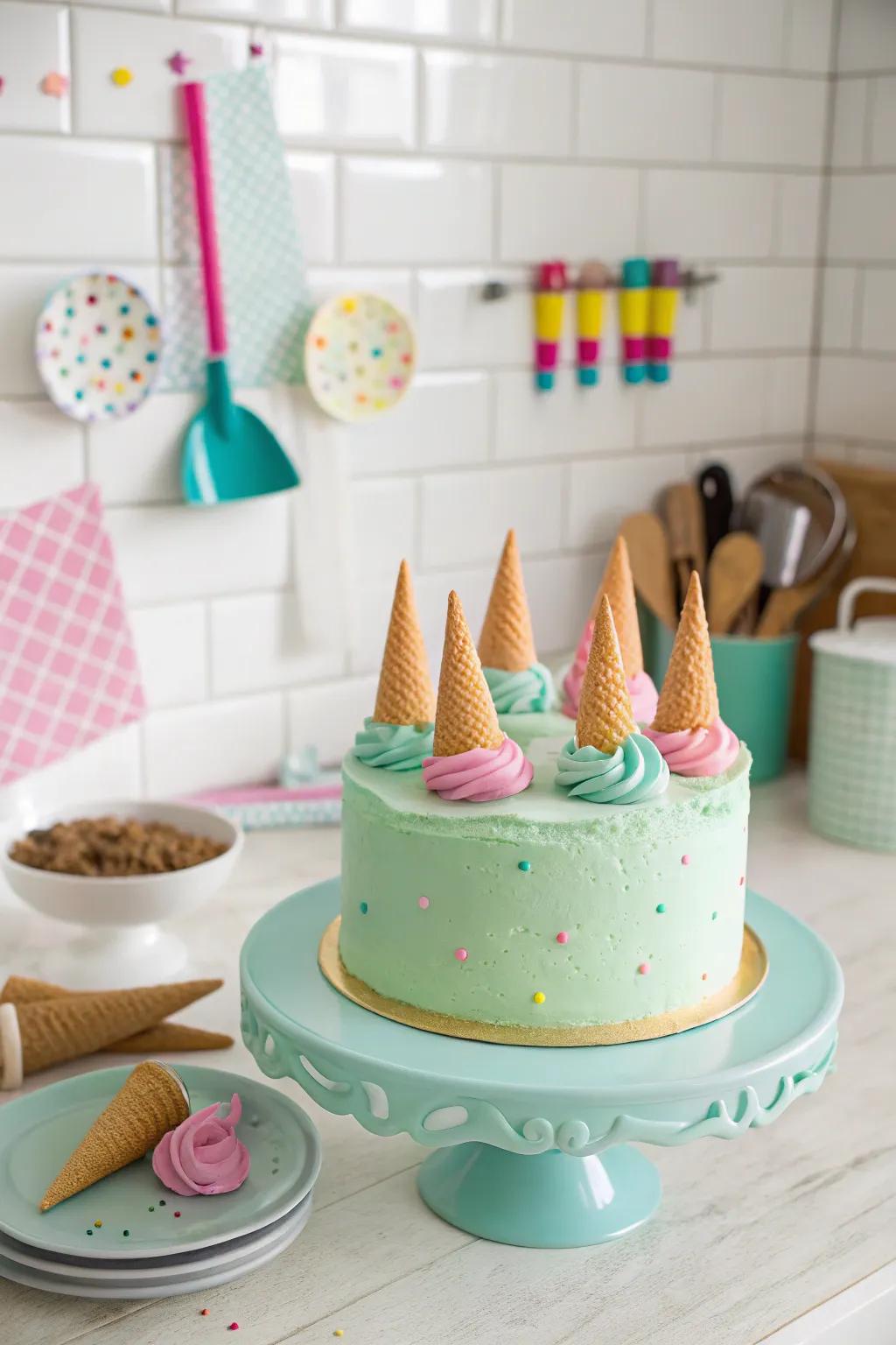 A mint green cake with a fun ice cream cone surprise.