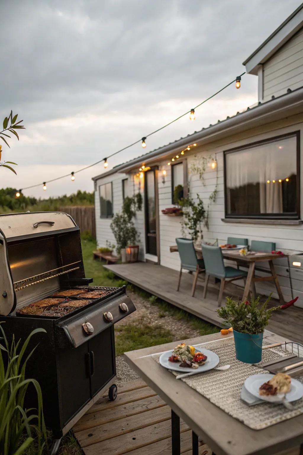 An outdoor kitchen with a grill and dining area, enhancing outdoor cooking and dining experiences.