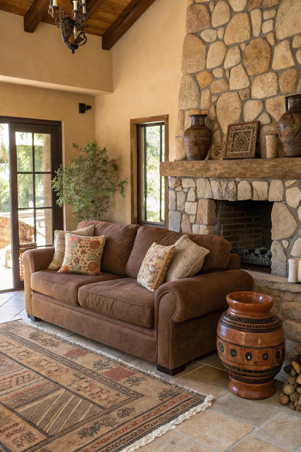 Earthy elements enhance the natural vibe around the mocha couch.