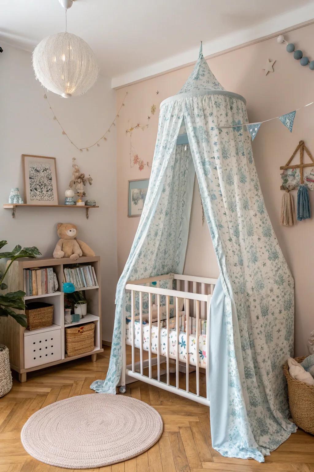 A whimsical canopy adds a magical touch to the crib.