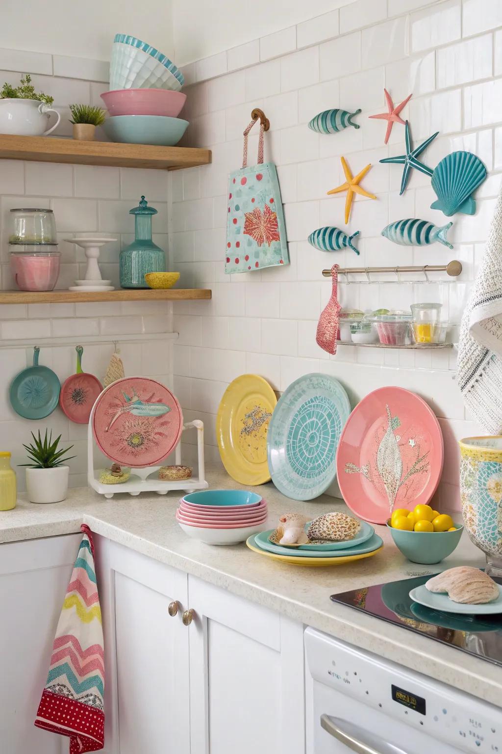 Colorful accessories add a playful touch to this coastal kitchen.