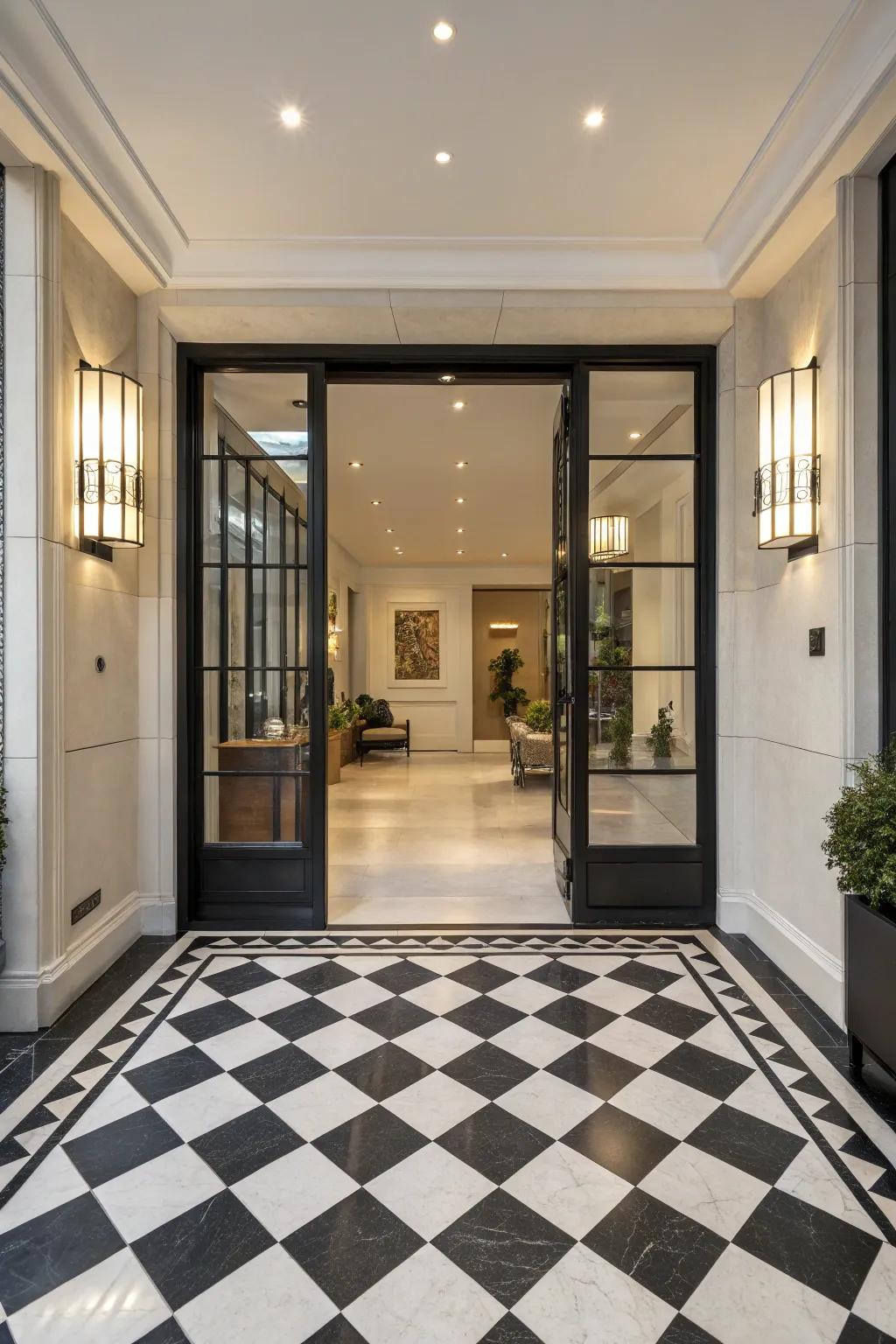 Checkerboard tiles add a classic yet modern touch to an entryway.