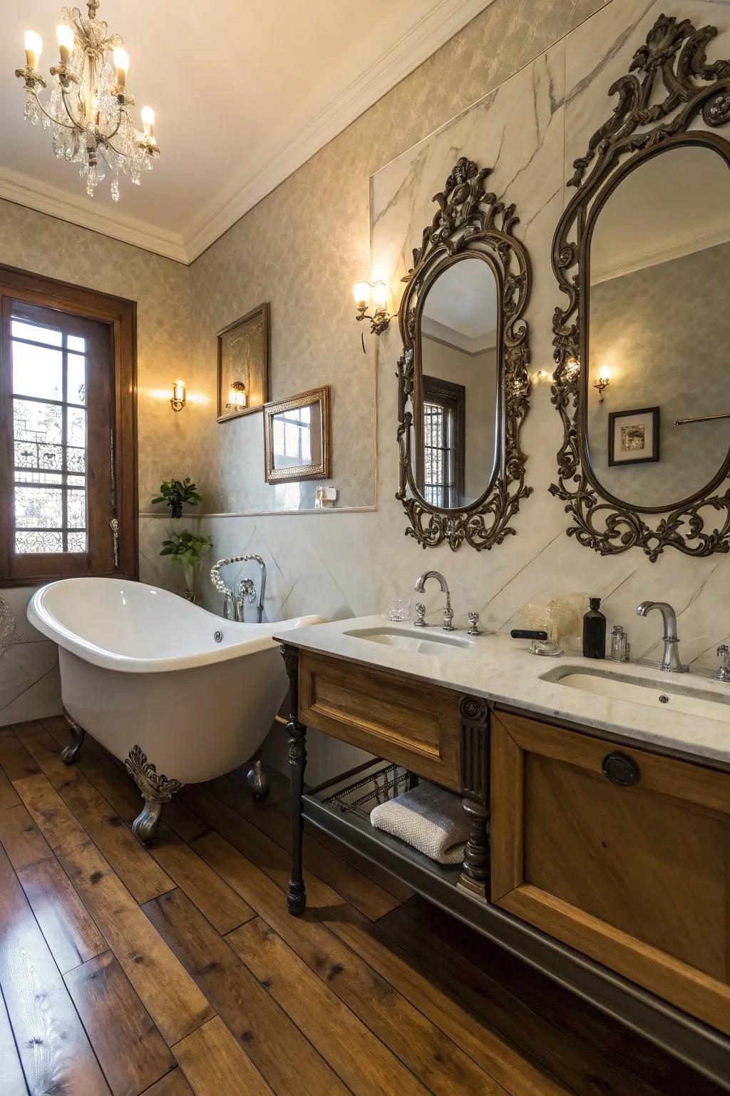 Antique decor adds personal history to this farmhouse bathroom.