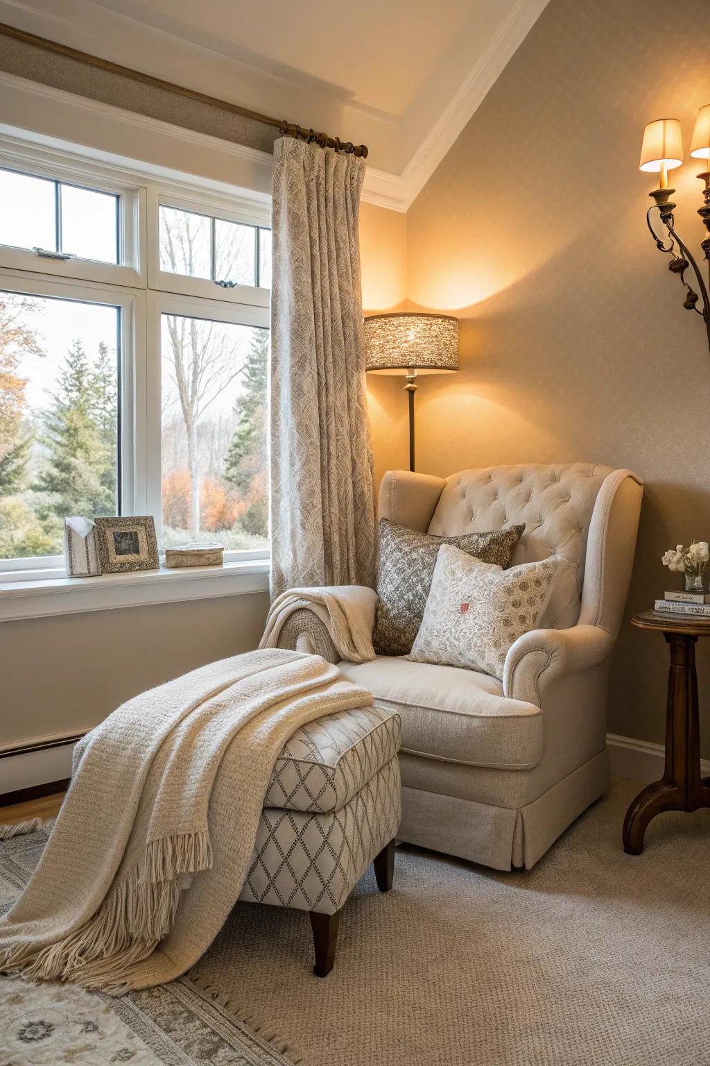 A reading nook provides a personal escape and adds to the room’s charm.