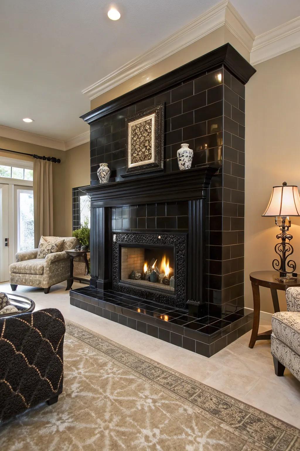 Dramatic black tile fireplace as a focal point.