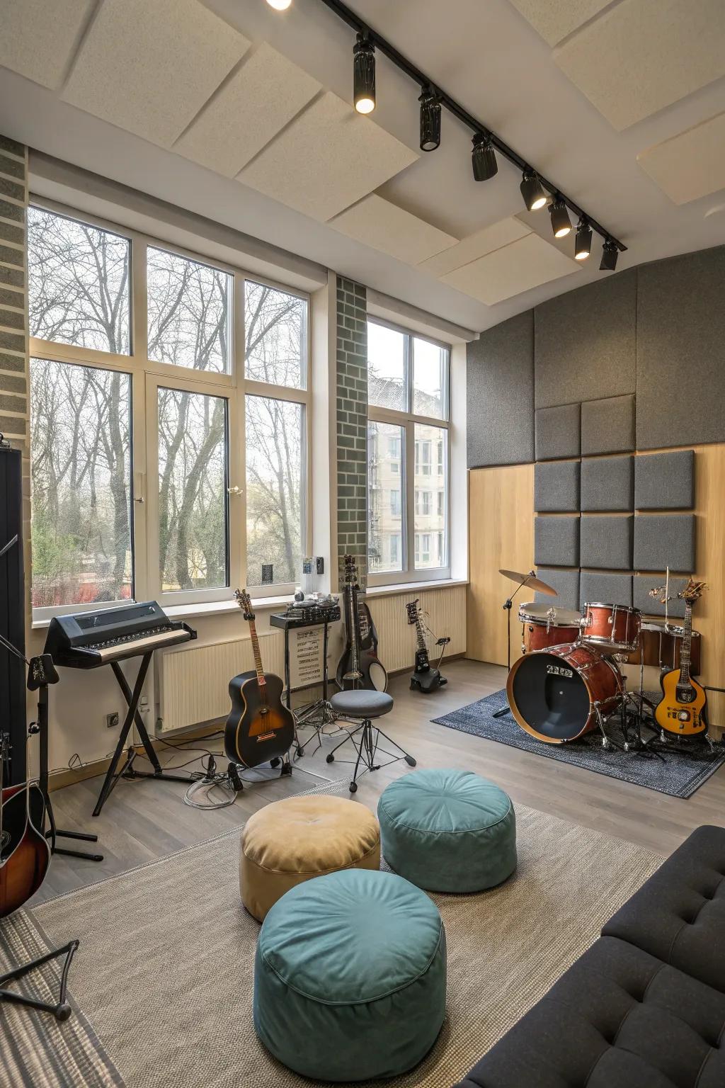 A dedicated music corner in a versatile flex room.