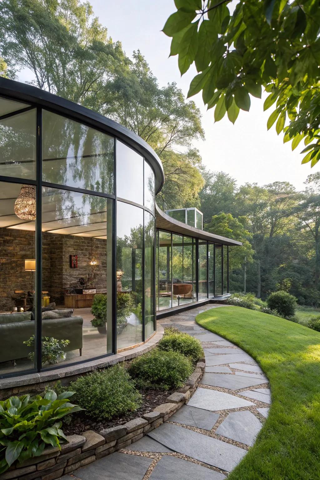 Curved glass walls adding elegance and flow.