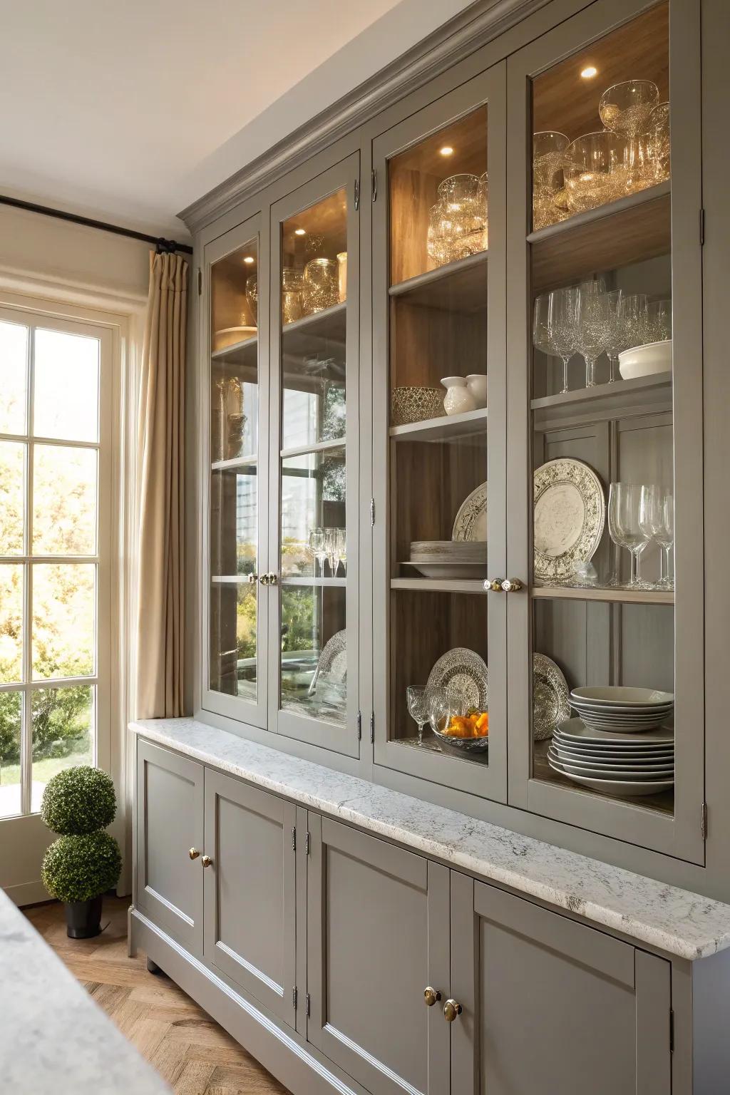 Achieve an airy feel with glass cabinet doors.