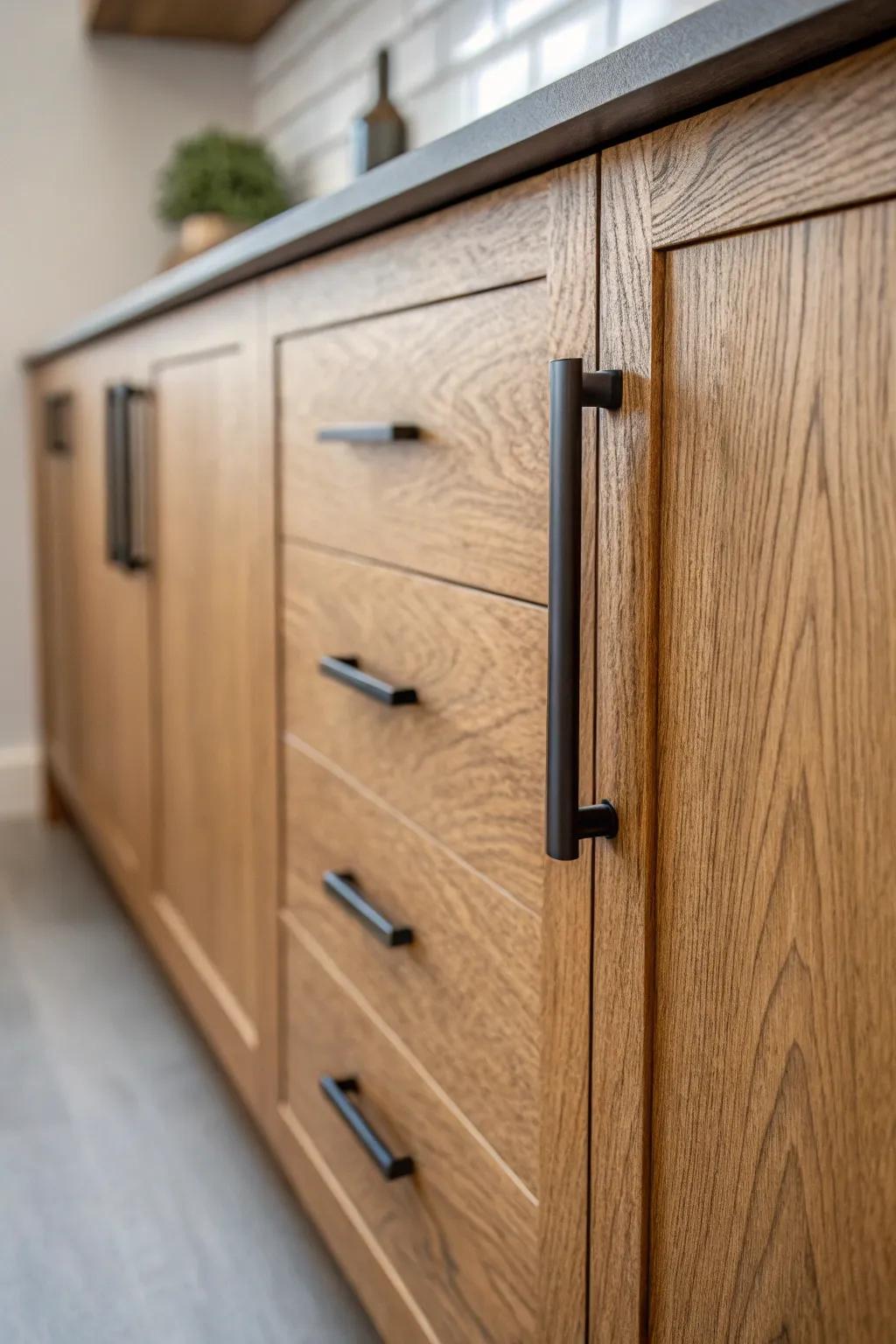 Modern hardware updates add sophistication to kitchens with oak cabinets.