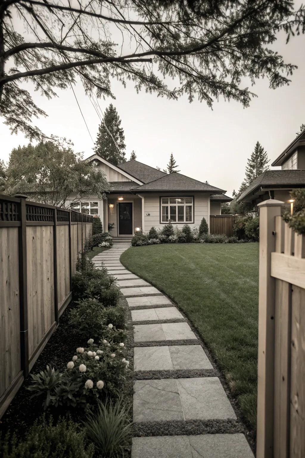 A monochrome color scheme creating a sleek look in a modern front yard.