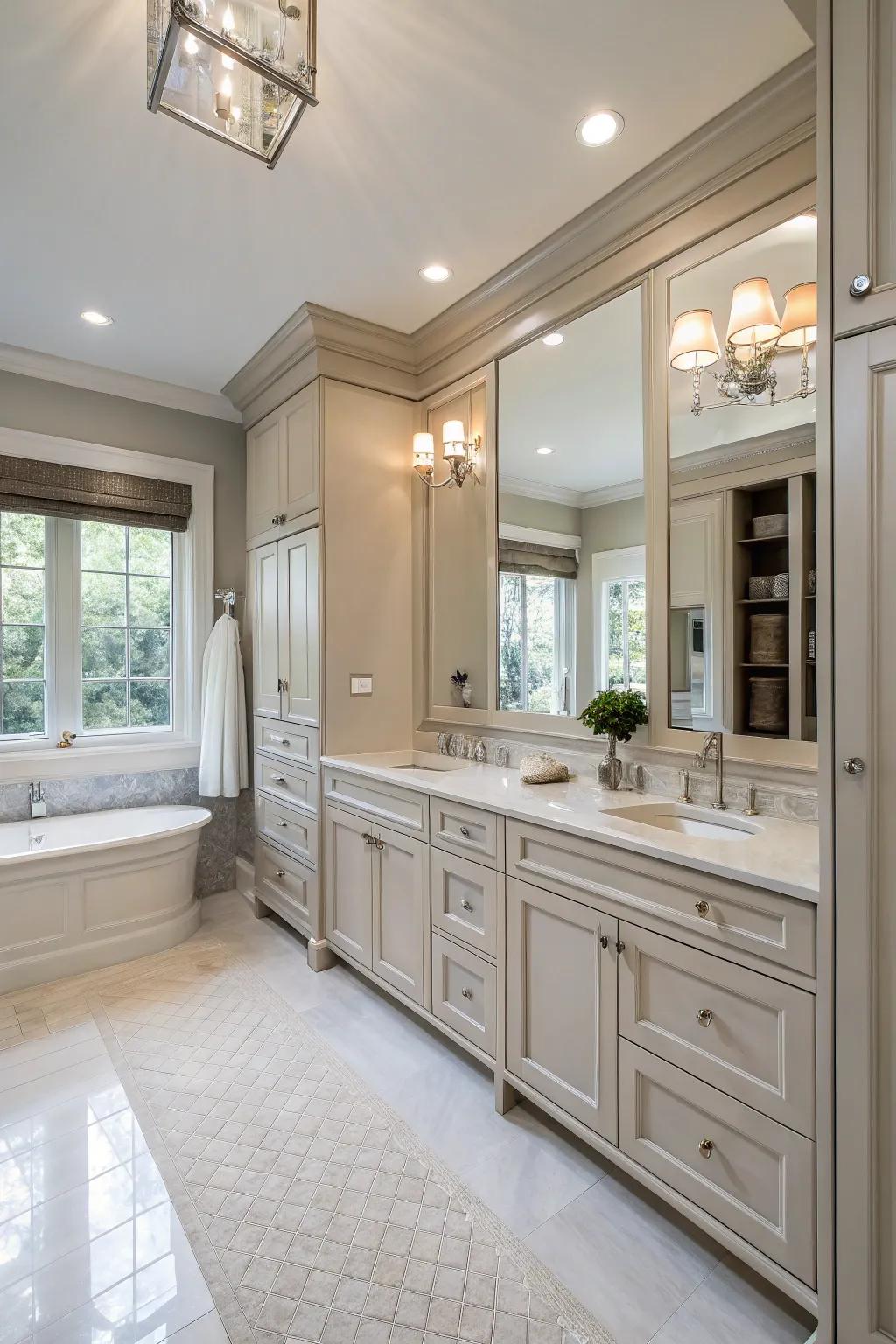 Custom storage solutions keep the bathroom organized and stylish.