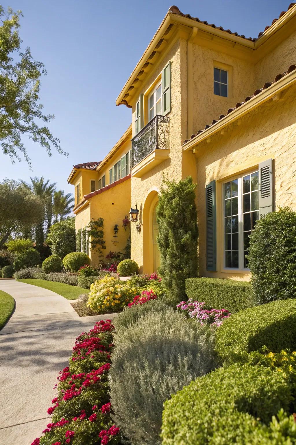 Stucco home with sunny yellow highlights.