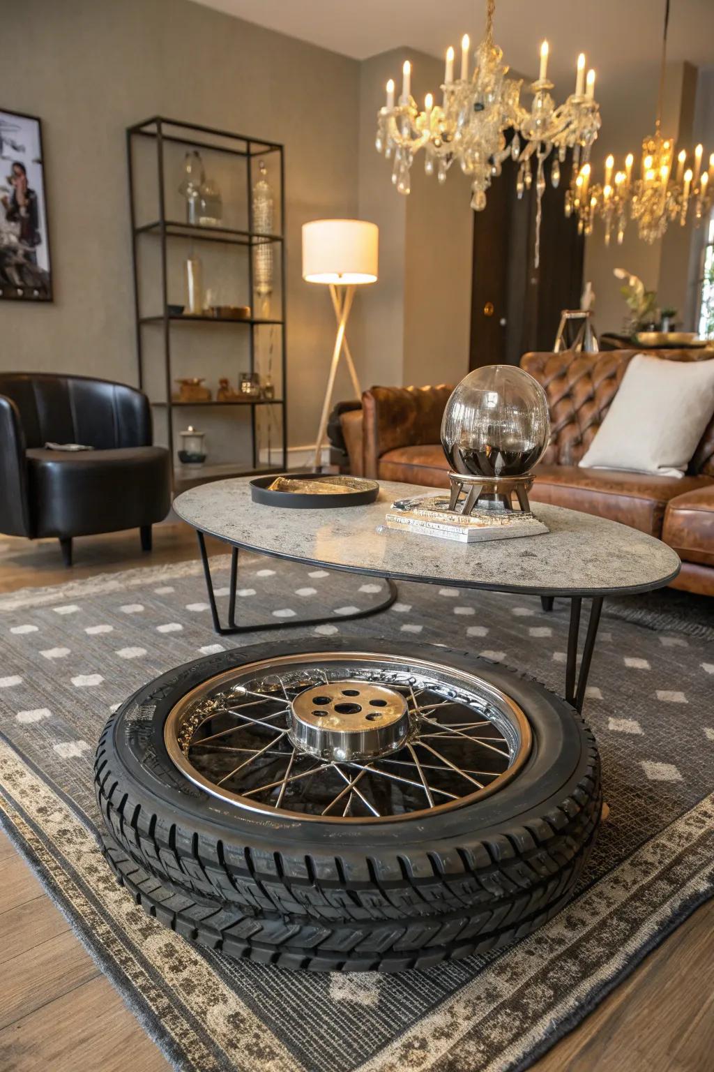 A unique coffee table crafted from a motorcycle wheel.