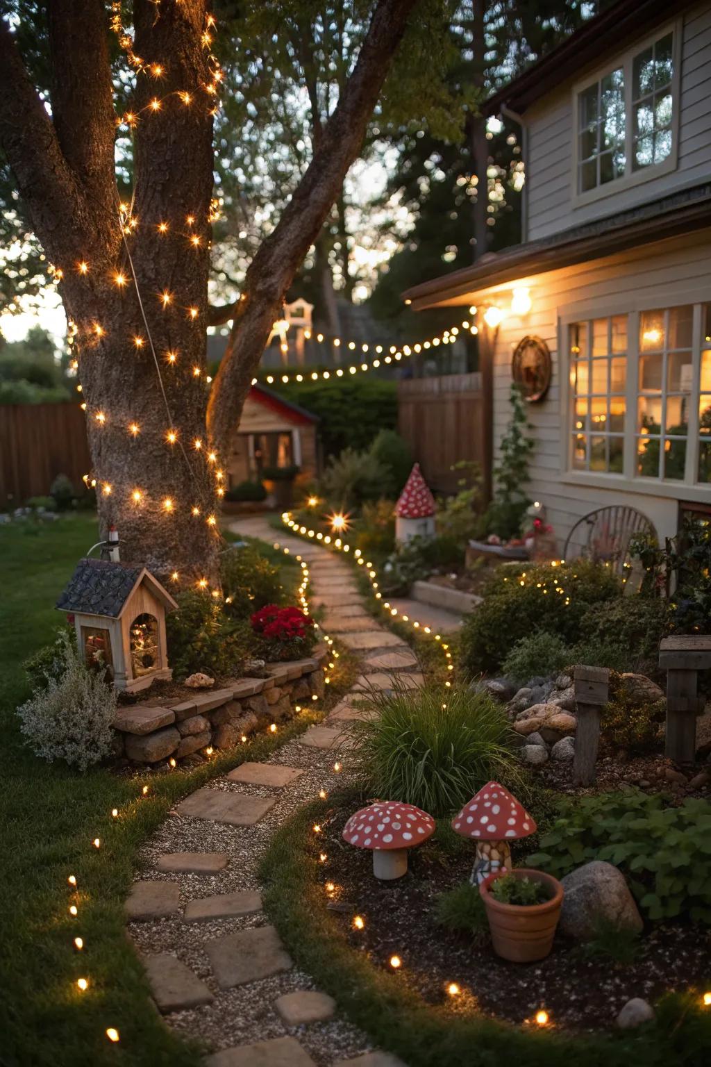 A magical fairy garden party setting.