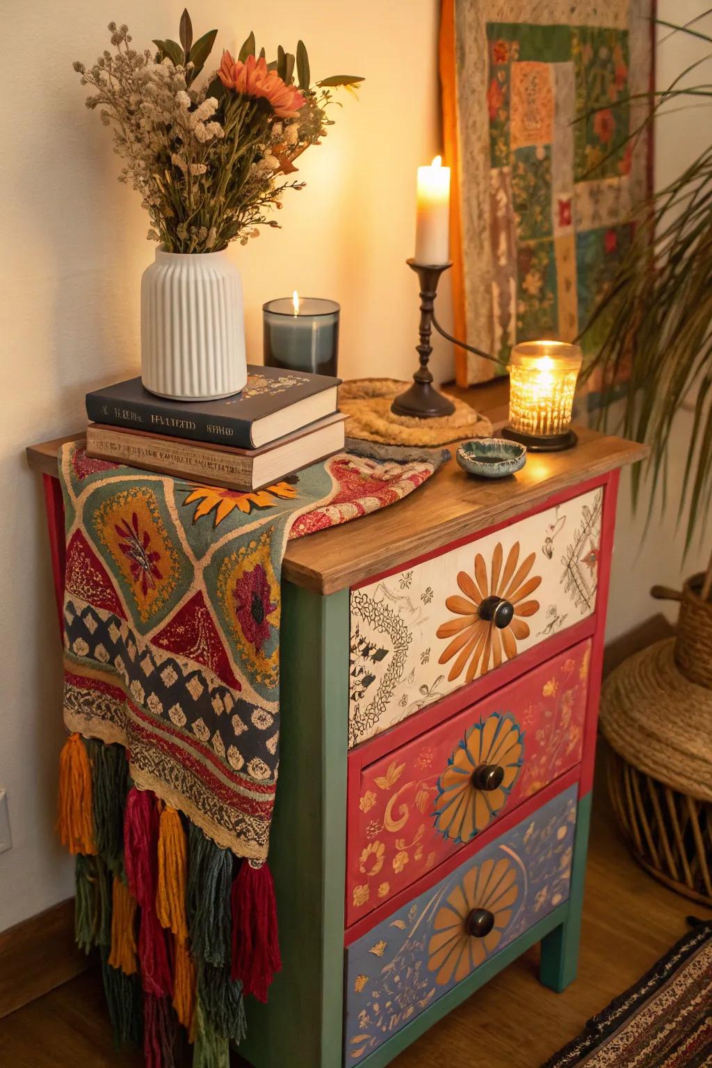 Infuse your space with color and personality with a bohemian-style nightstand.