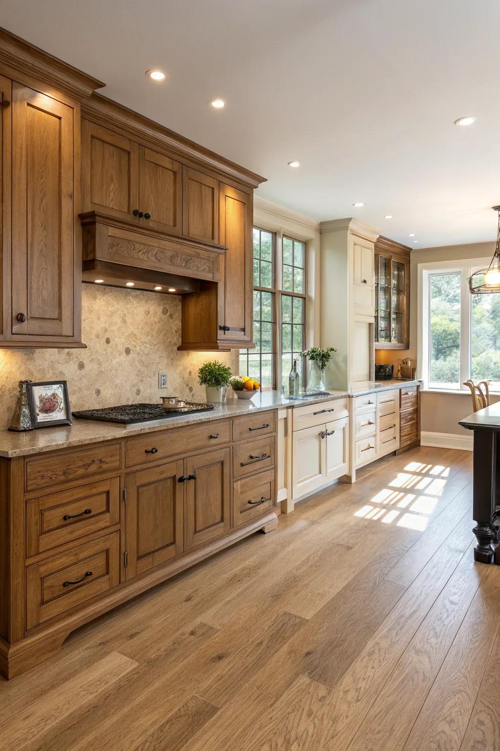 Mixing wood tones adds depth to oak kitchens.