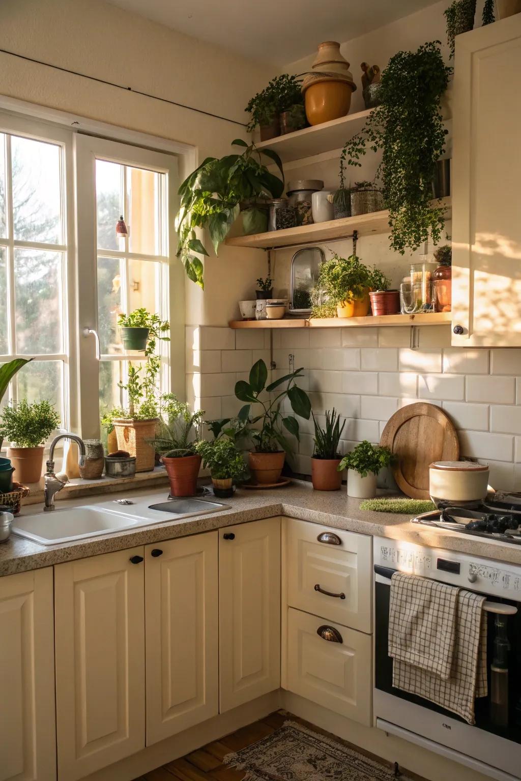 Plants and natural elements bring a fresh vibe to the kitchen.